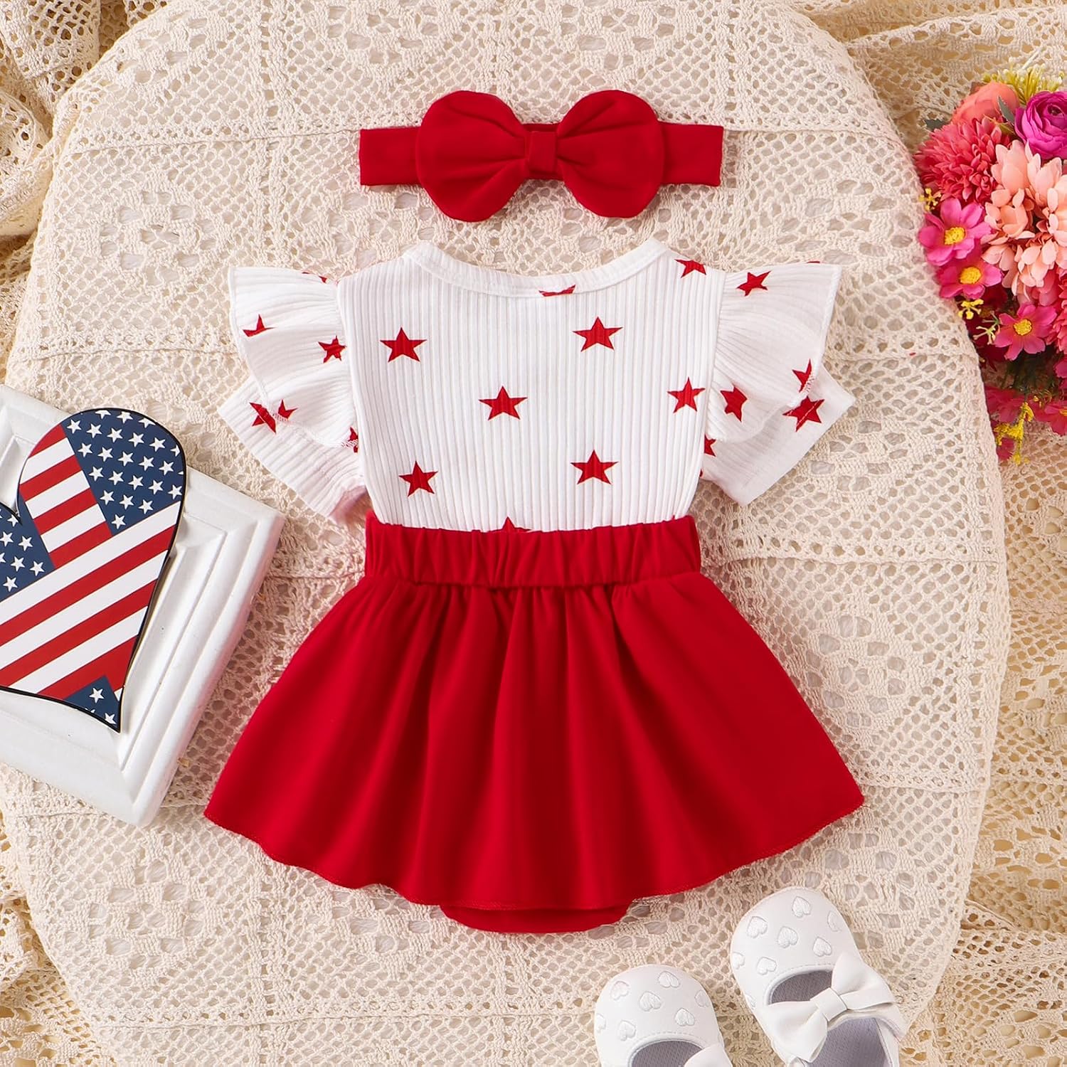 My First 4th of July Baby Girl Outfit American Flag Ruffled Sleeve Romper Dress Headband Infant Patriotic Clothes