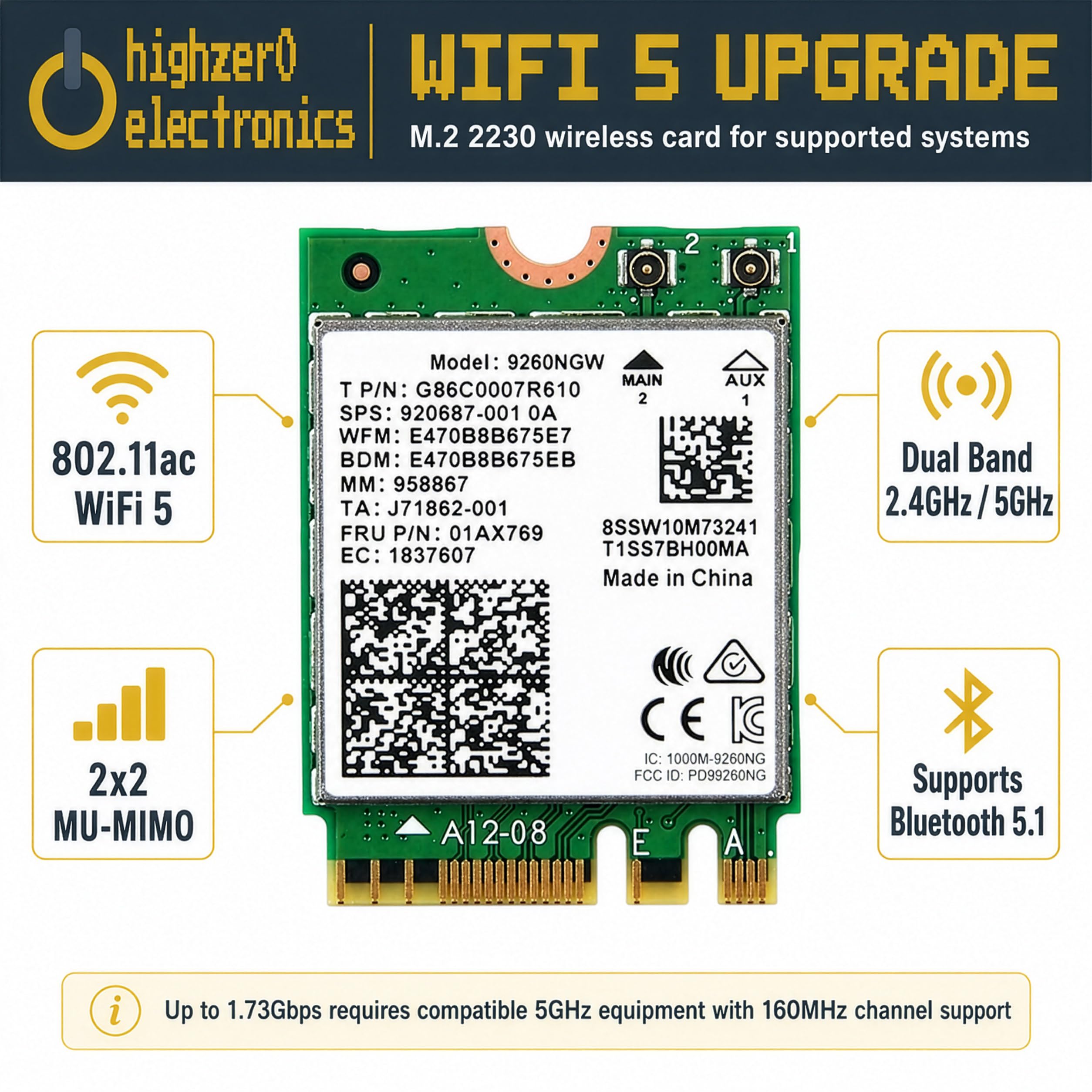 AC 9260 802.11ac M.2 Bluetooth 5.1 Legacy Network Card | WiFi 5 up to 1.73Gbps, MU-MIMO | Compatible with Intel, AMD, Linux & Windows 10/11 | 9260NGW WiFi Adapter
