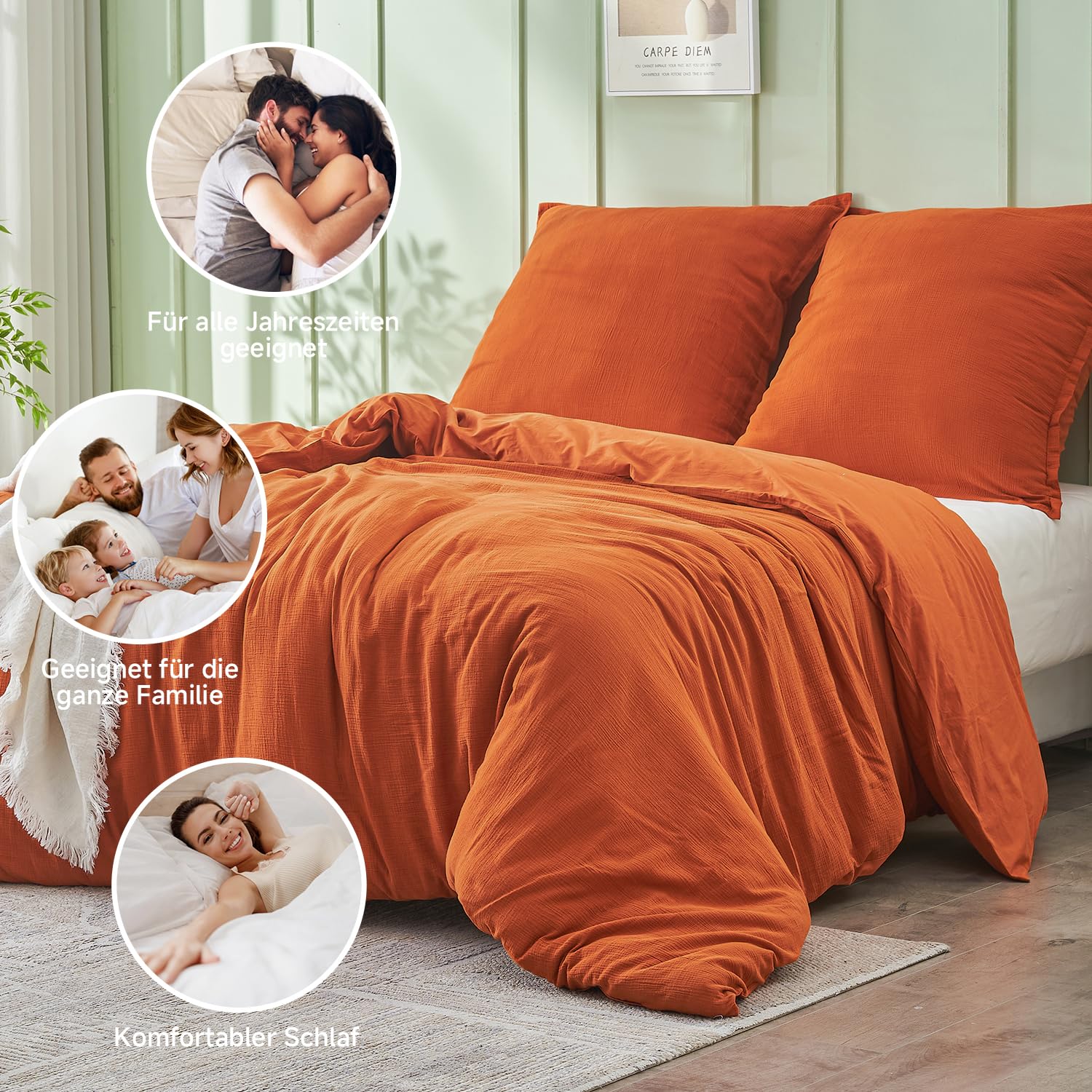 Simple&Opulence Ropa de Cama de Muselina de algodón, Juegos de Cama Extra Suaves y Transpirables, Funda nórdica Oeko-Tex con Cremallera y 1 Funda de Almohada 80x80cm, Naranja Quemado, 155×220cm