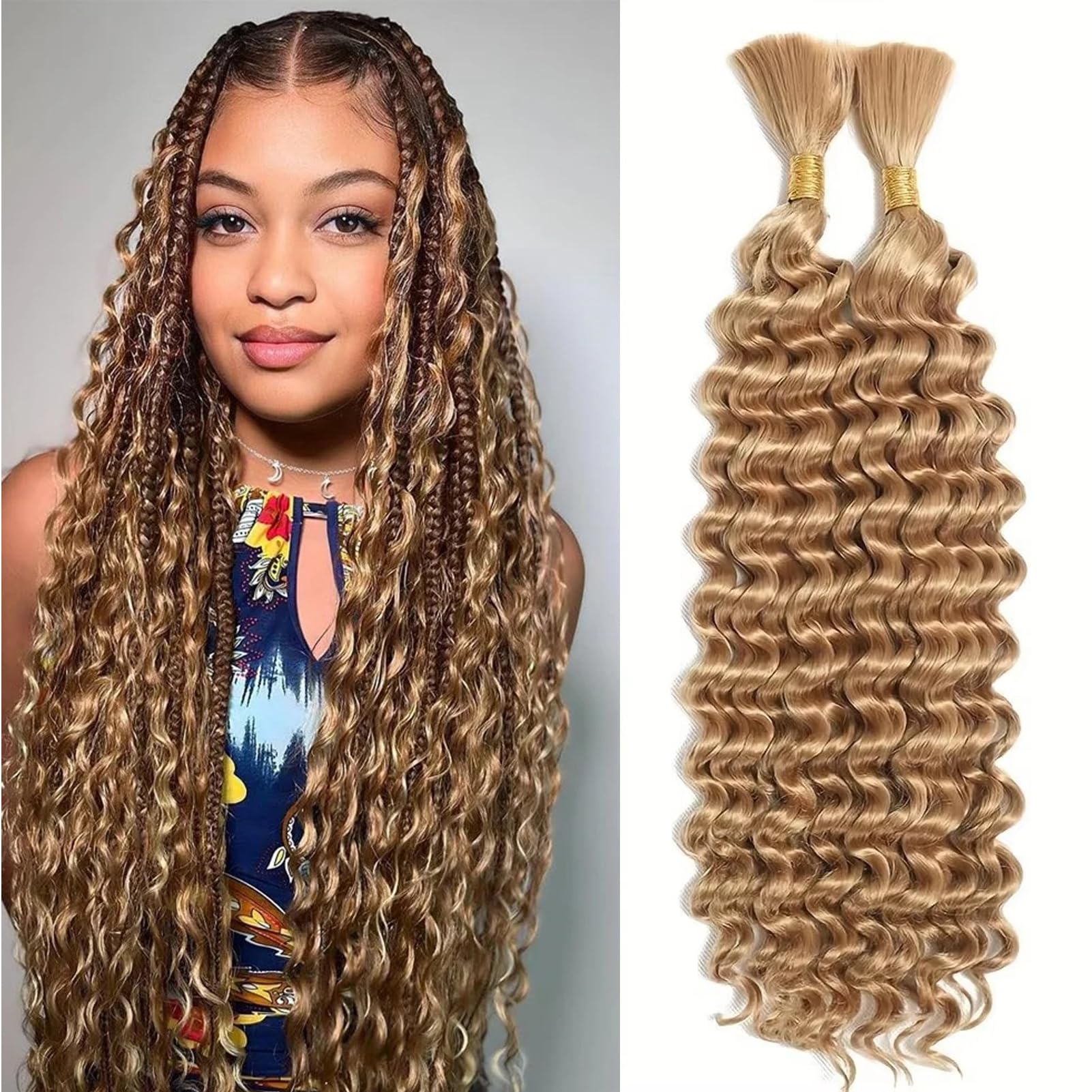 Deep Wave Boho Braids Synthetic Hair Extensions 22 Inch 2 Bundles Water Wave Curly Synthetic Braiding Hair Bulk Wet and Wavy Goddess Box Braids for Women (#27/Strawberry blonde