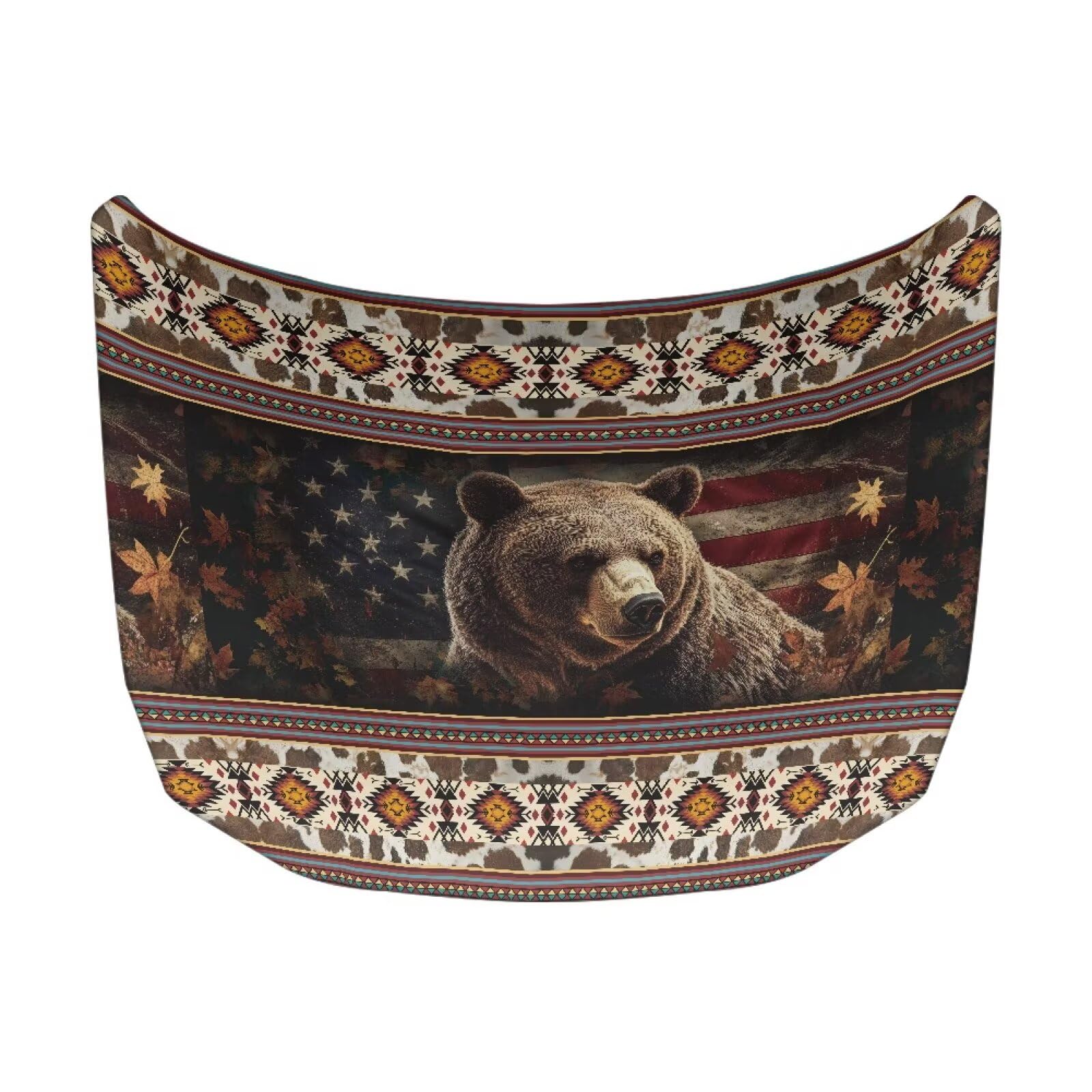 Aztec Bear American Flag Car Hood Cover Protector 59×39 Inch Car Hood Wrap Blankets Stretchable Removable Automotive Exterior Accessories for Most Sedans SUVs
