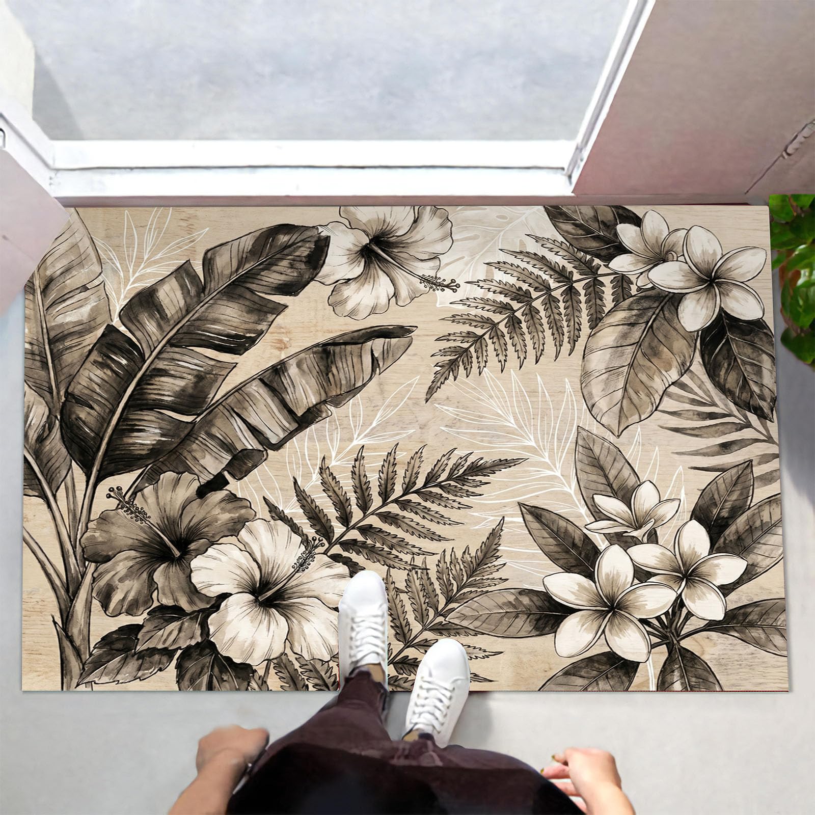 Tapis cuisine devant évier antidérapant et lavable grand paillasson marron floral