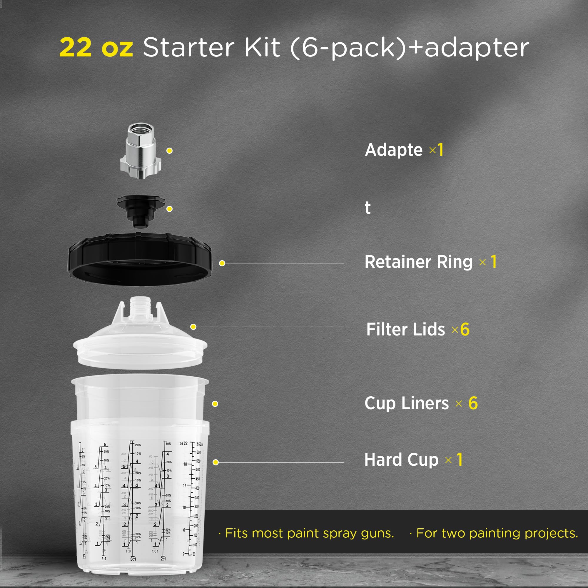 InoKraft Sistema di Tazze Colorate monouso, Standard da 650 ml, Set da 6 Bicchieri e coperchi, 1 Tazza Rigida con Anello di Supporto, 3 Tappi, Sistema di verniciatura per HVLP/LVLP con Adattatore