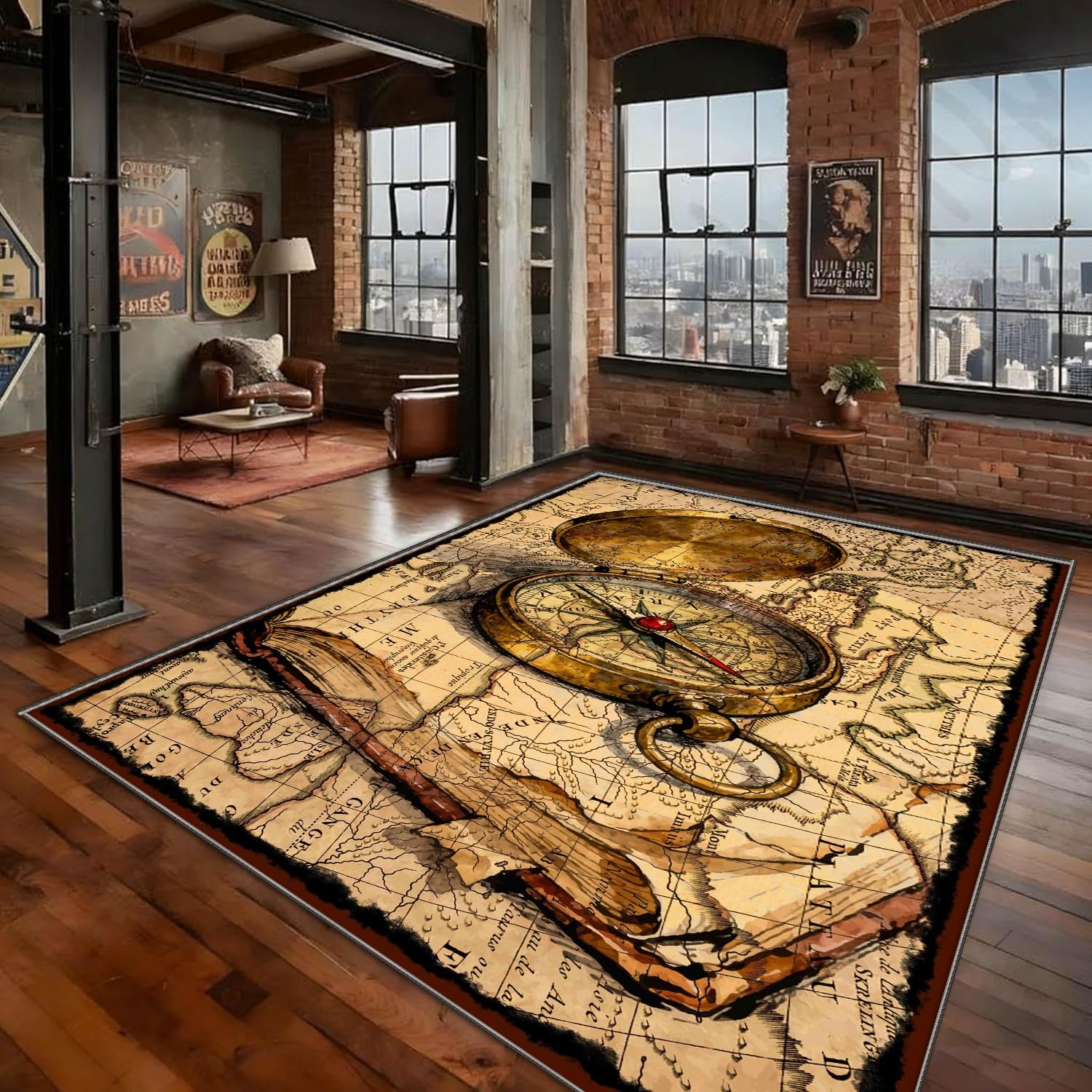 PDENZG 3D Vintage Brown Compass Rug,60x90cm,Old Nautical Decor World Map Rug,Golden Coppery Non-Slip Washable Nautical Area Rugs, Low Pile Soft Ocean Rugs,for Living Room Bedroom Indoor Marine Carpet