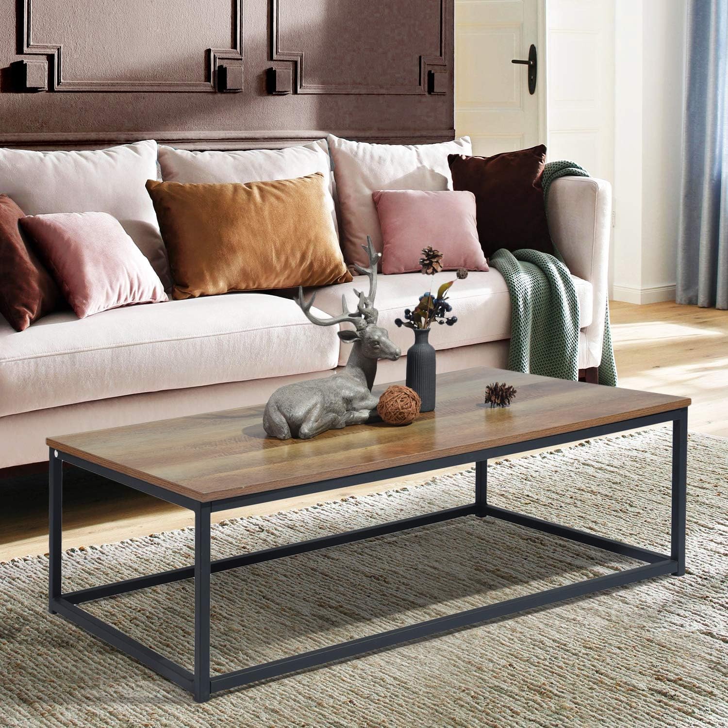 Avilia Elegante Tavolino Moderno in Legno di Acacia e Metallo - Stile Contemporaneo - Tavolino basso - 115x65x32,5 cm, Marrone e Nero