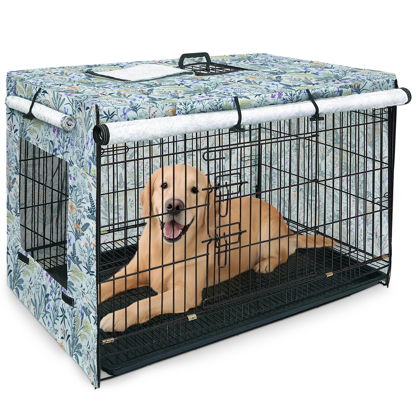 Bienbee Dog Crate Cover, 30 inches Windproof Crate Covers for Dog Cages Breathable Dogs Kennel Covers Double Sided Zipper Cages Cover for Wire Cage Indoor Outdoor Protection,Cyan Flower Branch