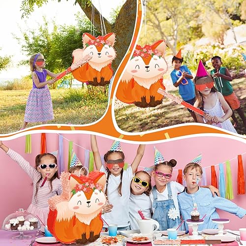 Miniatura 4 de Seematn Piñata para fiesta de cumpleaños de zorro, piñata con temática de bosque, incluye palo, venda para los ojos, confeti, suministros para
