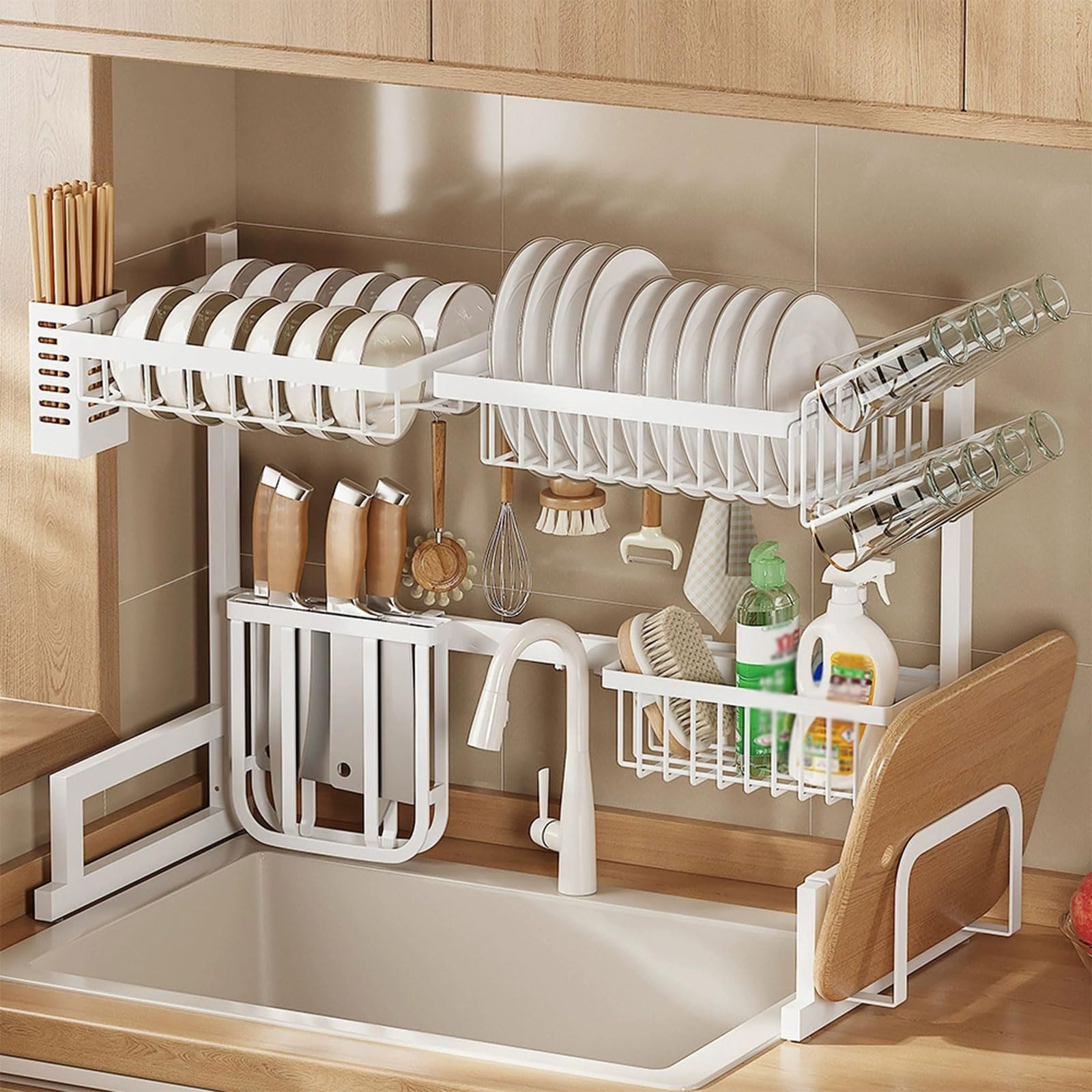 Grand égouttoir à vaisselle en acier inoxydable pour comptoir de cuisine avec porte-ustensiles, égouttoir à vaisselle pour assiettes et casseroles