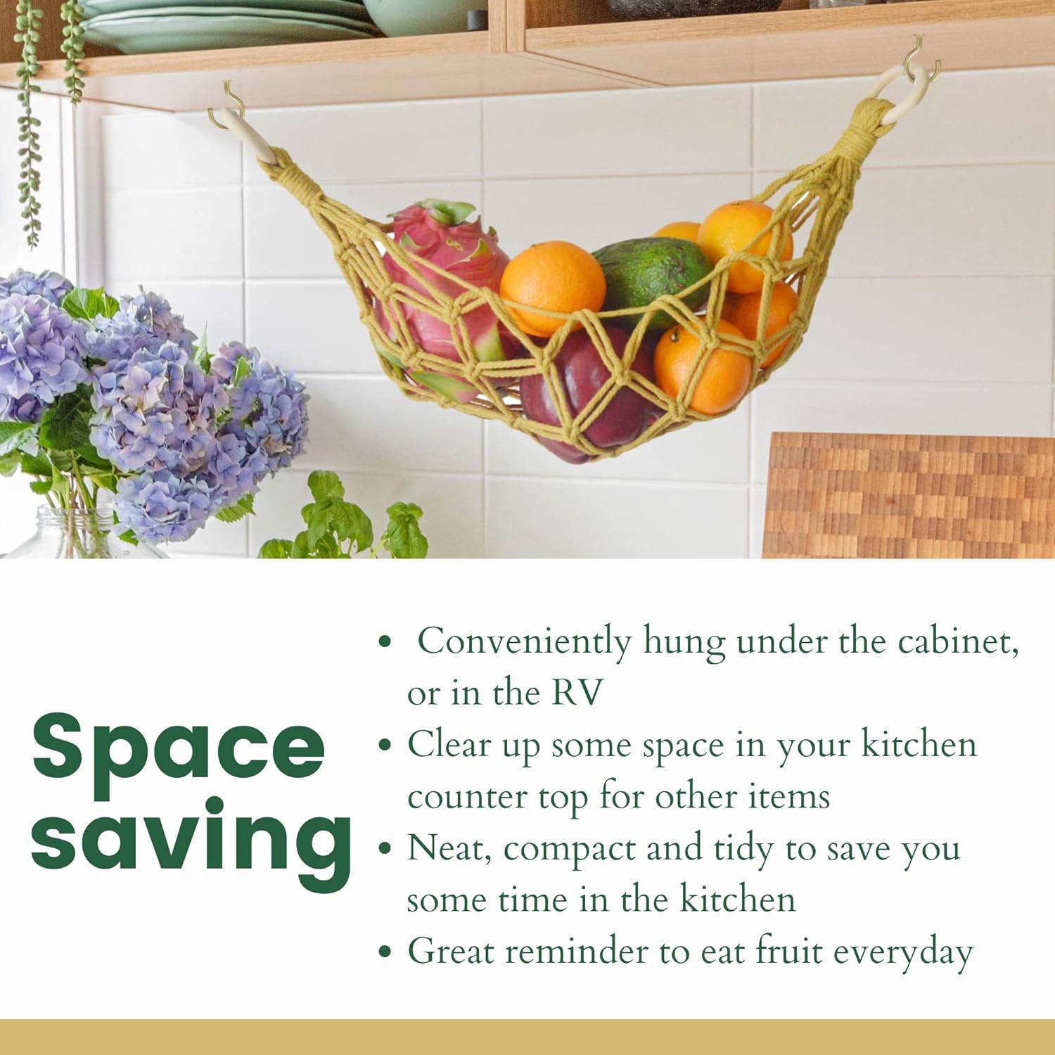 2 Sets of Macrame Hanging Fruit Hammock, Hanging Fruit Basket Under the Kitchen Cabinet with Hooks (All Handwoven) for Banana, Produce, Vegetables or Fruit Storage (Ivory) 4