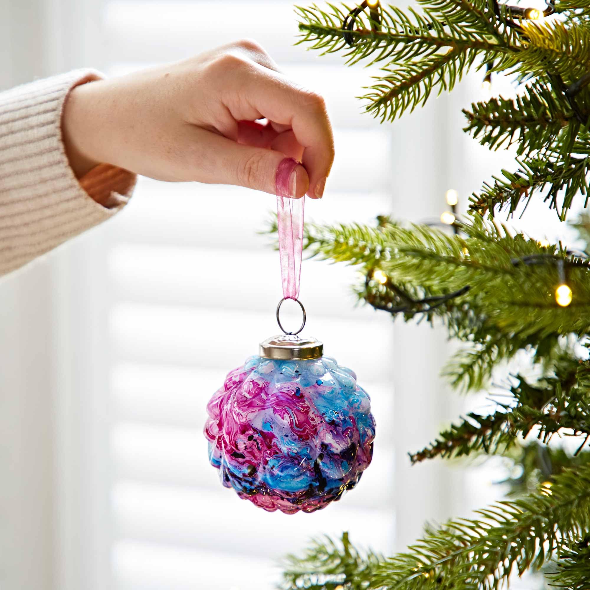 Coloured Recycled Glass Marble Baubles - Fair Trade Holiday Décor - Handmade Xmas Hanging Glass Ornaments - Christmas Tree Decoration (Blue)