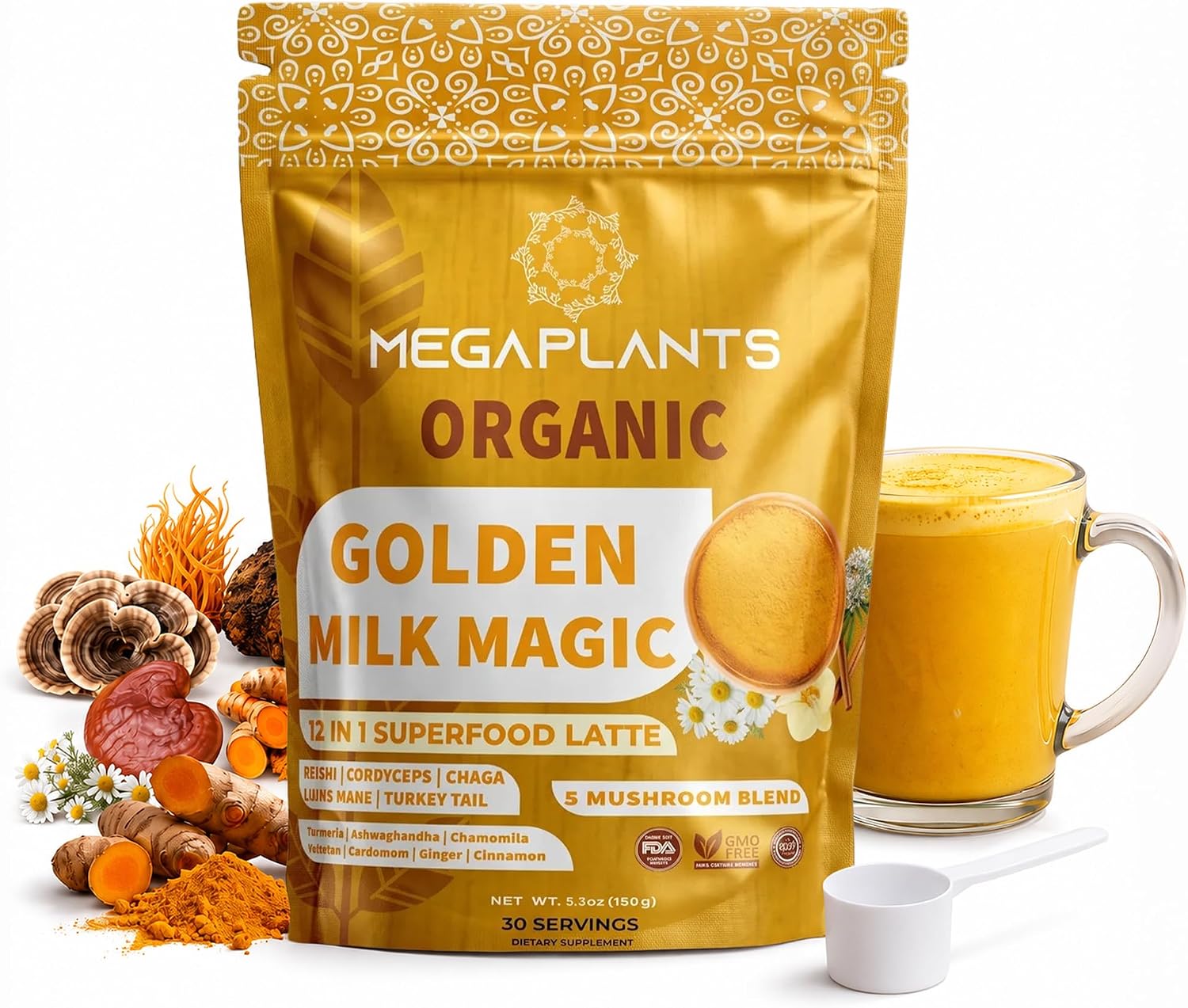MEGAPLANTS Golden Milk Powder | Turmeric Ashwagandha Superfood Latte Mix