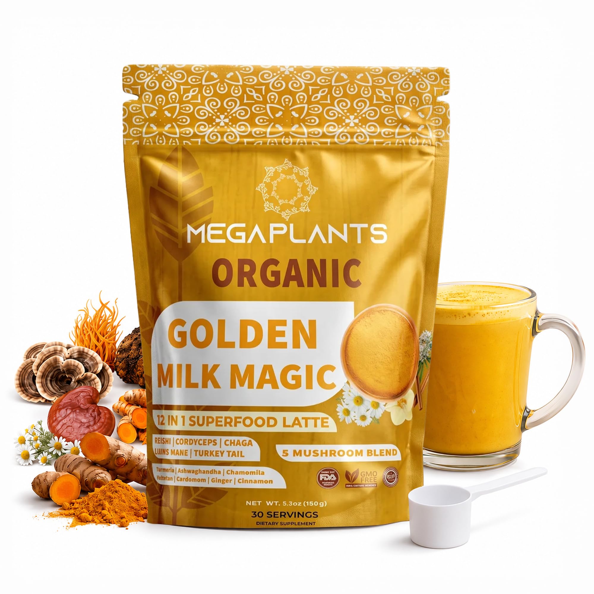 MEGAPLANTS Golden Milk Powder | Turmeric Ashwagandha Superfood Latte Mix