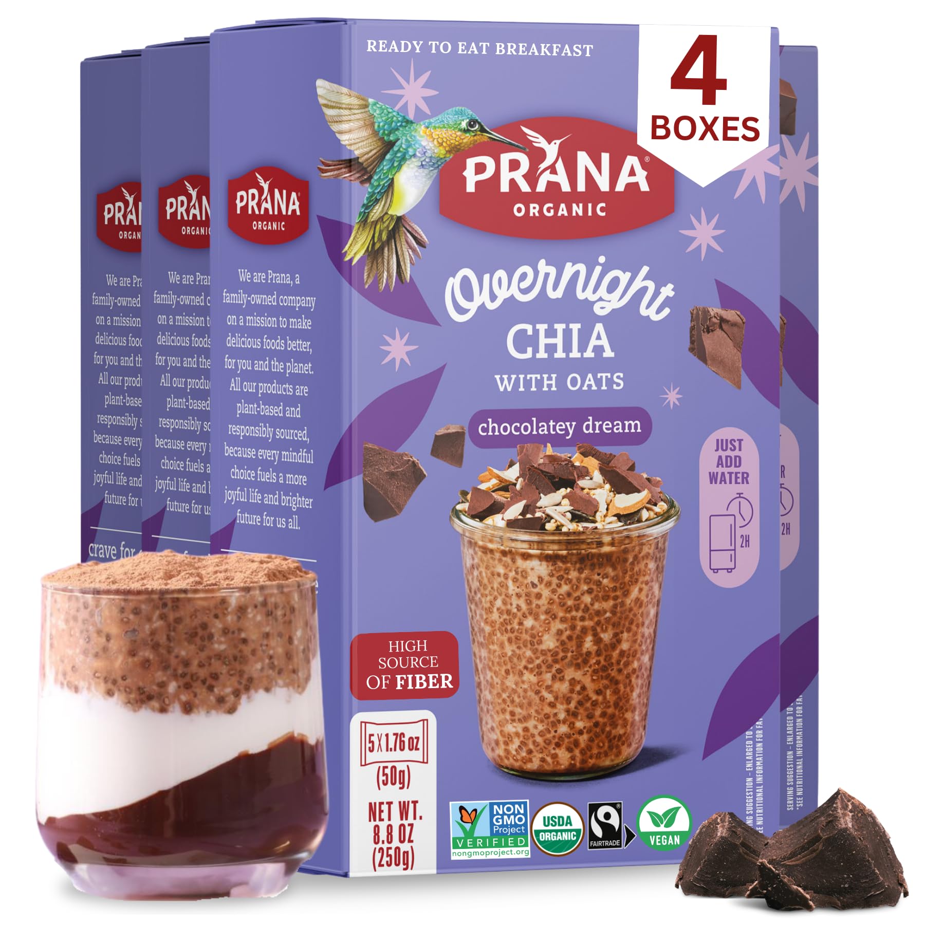 Prana Organic Overnight Chia with Oats Chocolatey Dream | Rich in Fiber & Protein, Vegan, Non-GMO | Fairtrade Chia Pudding - 5 x 1.76oz, Total 8.8 oz - 4 Pack