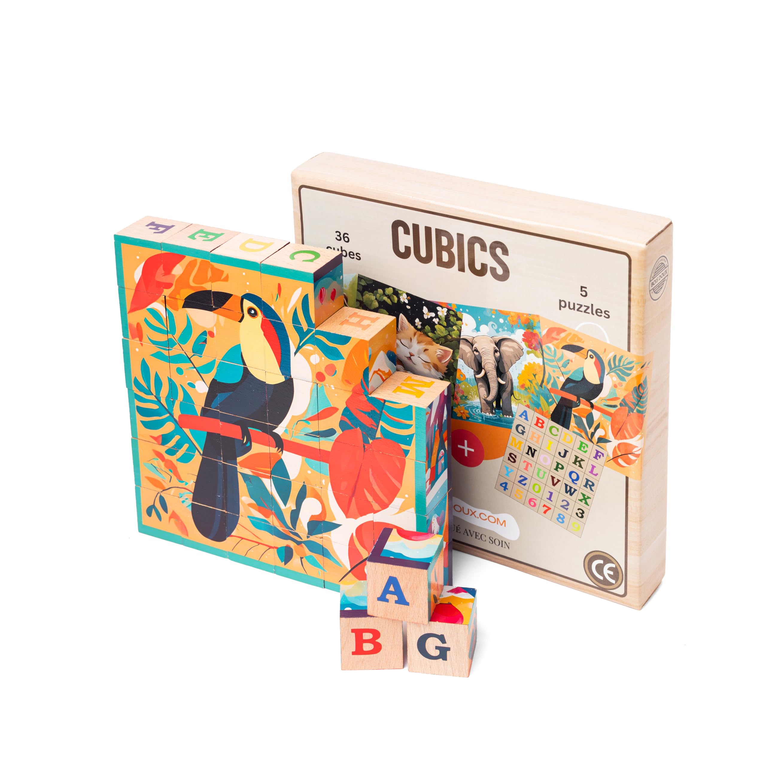 CUBICS – Puzzle Montessori 6-en-1 en Bois Naturel sans Plastique – 36 Cubes – 6 Puzzles Éducatifs Lettres, Chiffres et Animaux – Jouet Enfant dès 3 Ans – Idée Cadeau Noël ou Anniversaire