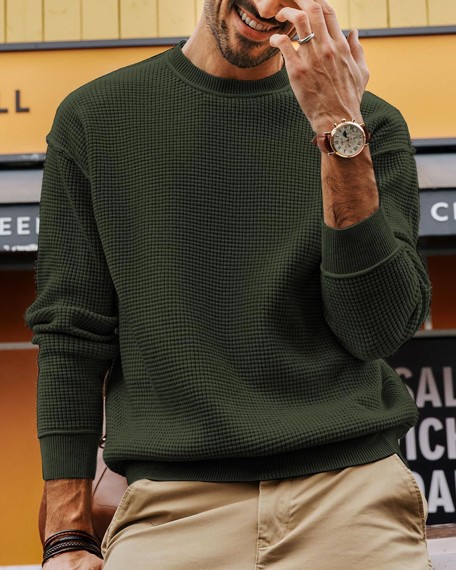 Maglione Girocollo da Uomo Pullover Autunno Invernale Maglia Waffle Lavorato Maglioni Casual Manica Lunga