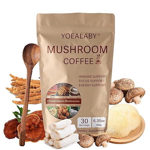 Café de hongos, 6 hongos adaptogénicos orgánicos Cordyceps, Reishi, melena de león - Mejorado con aceite MCT, café instantáneo sin OMG - 6.35 oz, 30