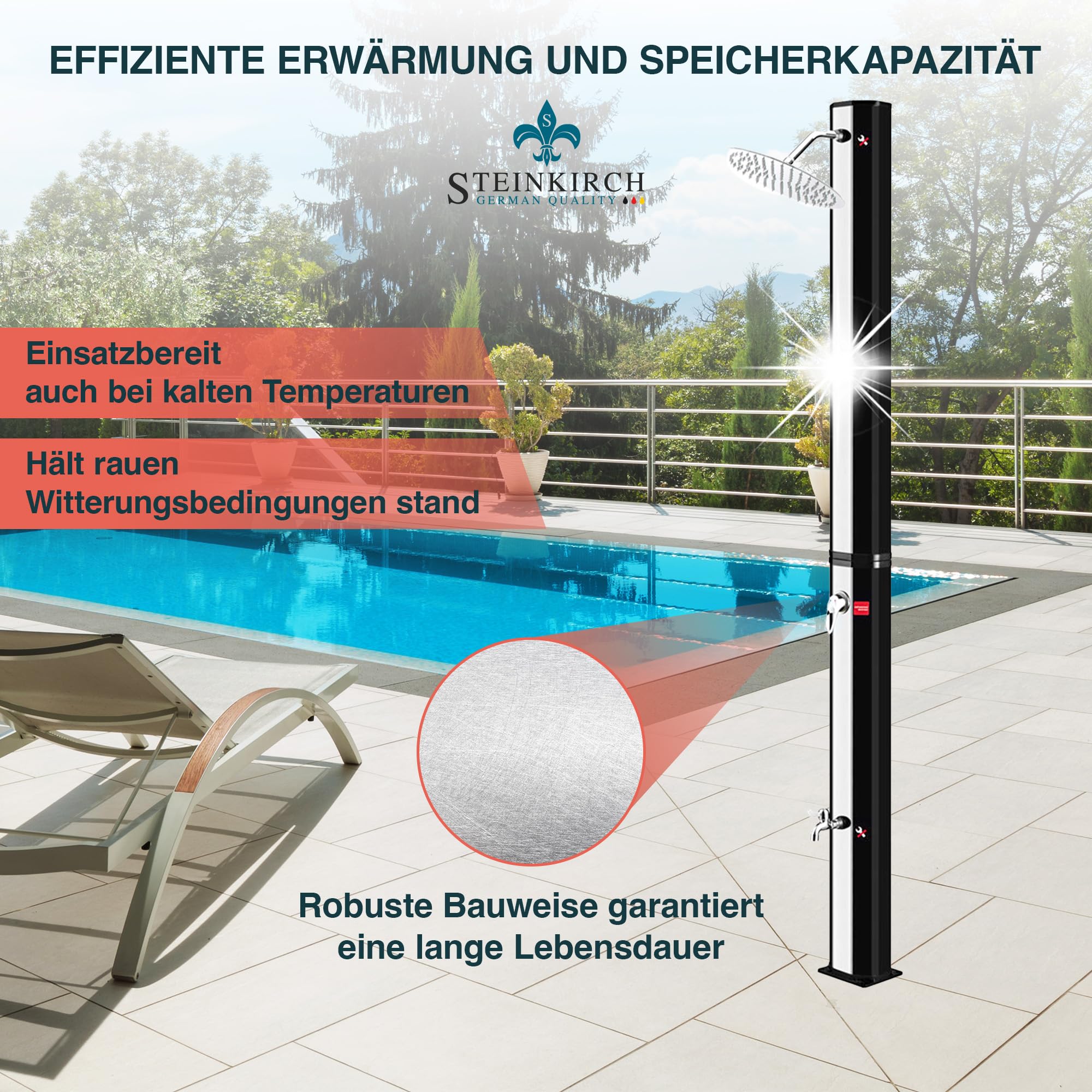 Solar Gartendusche 35L mit Edelstahl Duschkopf Ø 200 mm Pooldusche Campingdusche Außendusche mit Fußdusche und Einhebelmischarmatur Solardusche Garten Wassertemperatur bis 65°C