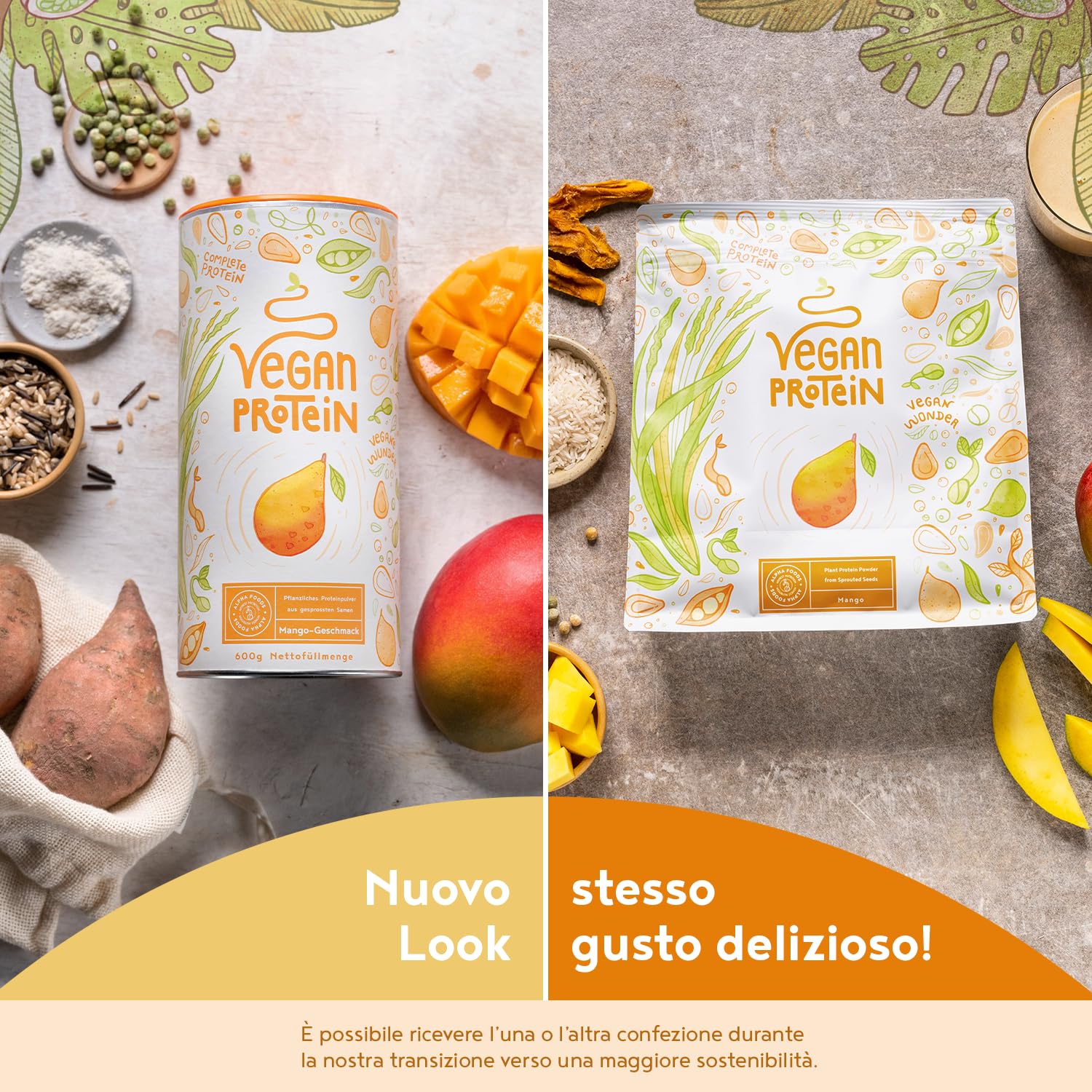 Proteine in Polvere Vegane | Gusto Mango | 21g Proteine Vegetali Isolate in Polvere di Pisello e Riso | Massa Muscolare | 600g Vegan Protein Powder | Alpha Foods