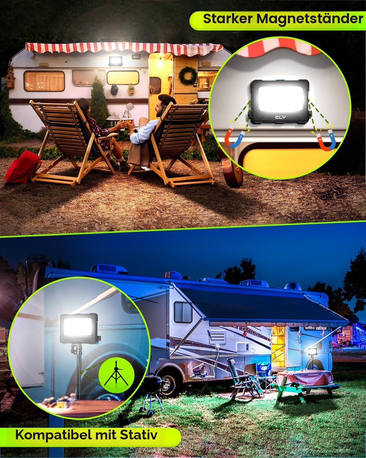 CLV 100W LED Baustrahler 12000MAH Led Arbeitsleuchte Akku Strahler 4 Lichtmodi Campinglampe Tragbar 5 Helligkeiten Solar USB-Aufladung Akku Lampe PowerBank für Camping, Garage, Bau, Reparatur, Notfall