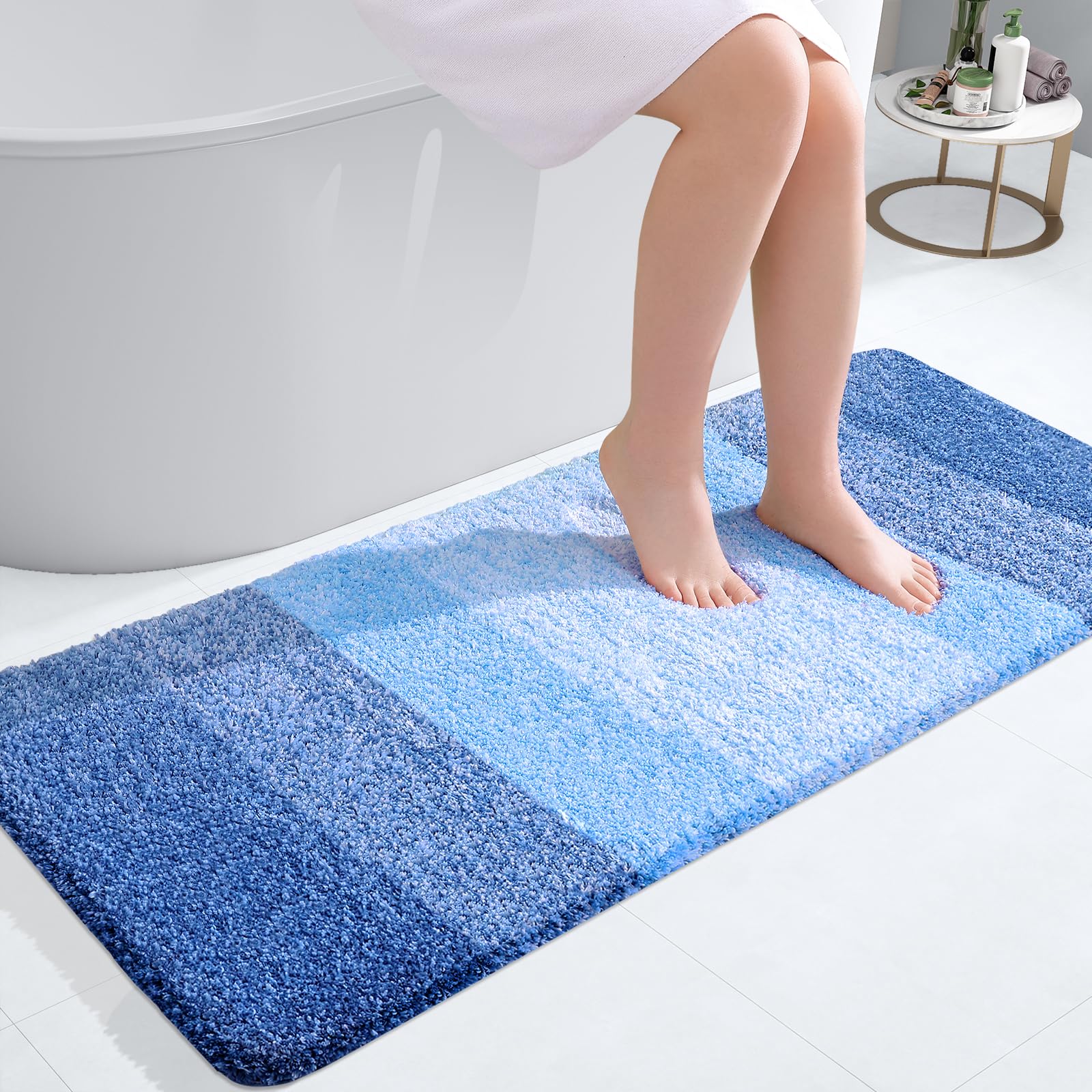 OLANLY Bathroom Runner Rug 47x20, Extra Soft Absorbent Microfiber Bath Rugs | Light Royal Blue, Non-Slip Quick-Drying Rubber Backing, Washable Long Bath Mat for Floor, Tub and Shower, Home Decor