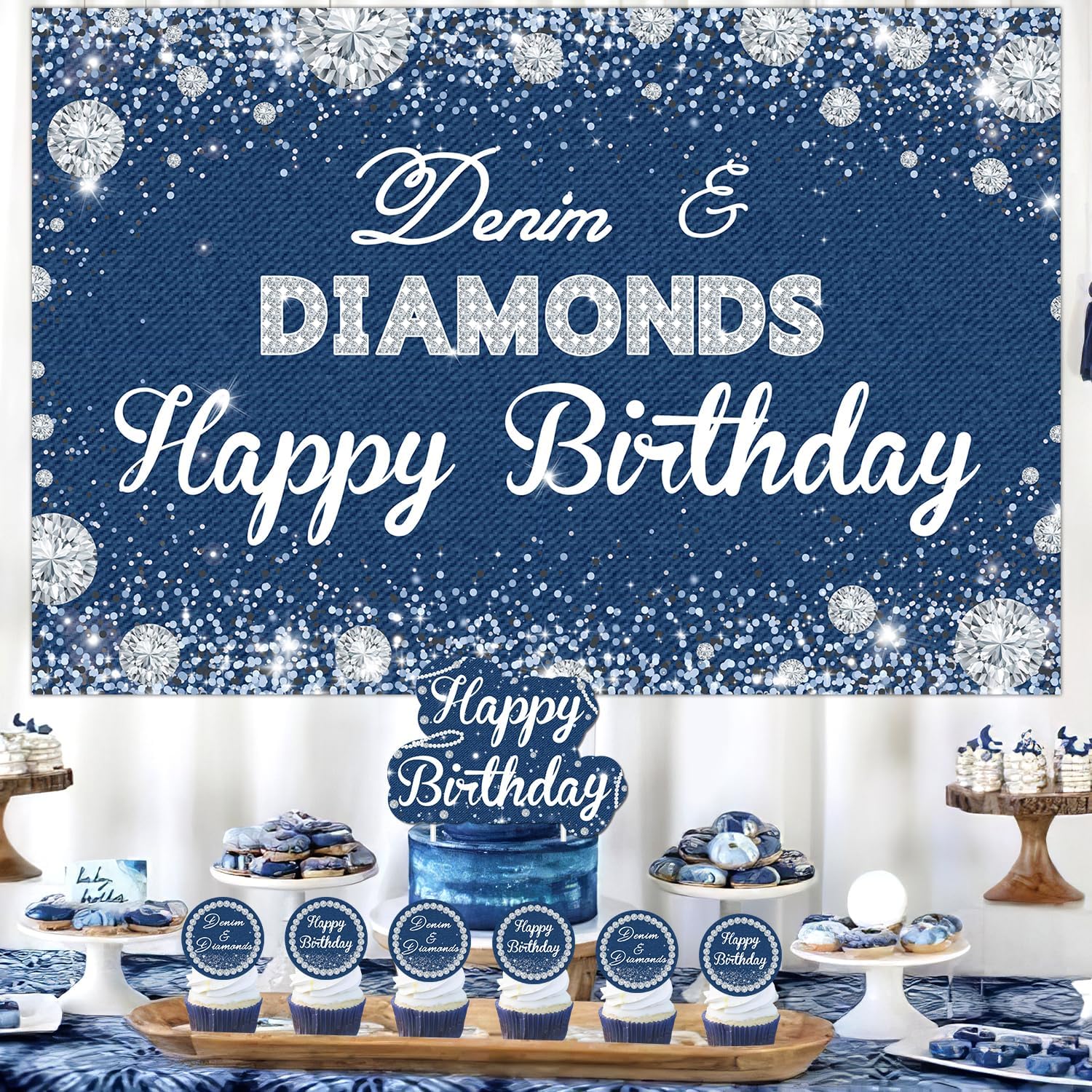 Denim and Diamonds Party Decorations, Denim Backdrop for Birthday Party, Banner, Cake Topper, Cupcake Toppers, Balloons, Denim Party Decorations, Women Men Birthday Party Supplies