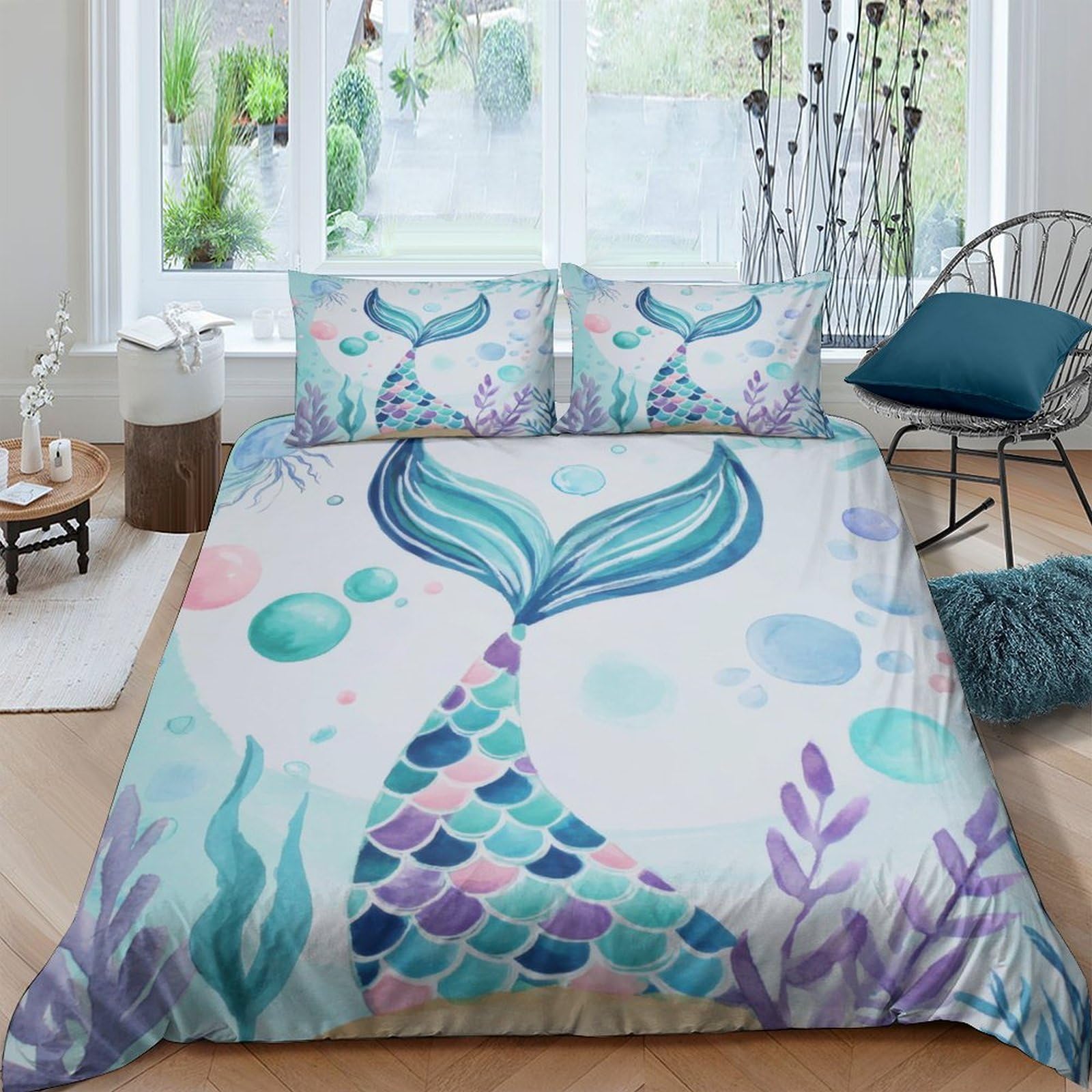 Ctjqhvkz Style-2 3D Printed Mermaid Tail Fitted Sheet Microfiber Soft Blue Purple Ocean Mattress Cover For Bedroom Guest Room Dorm Decor Single（135X200cm）