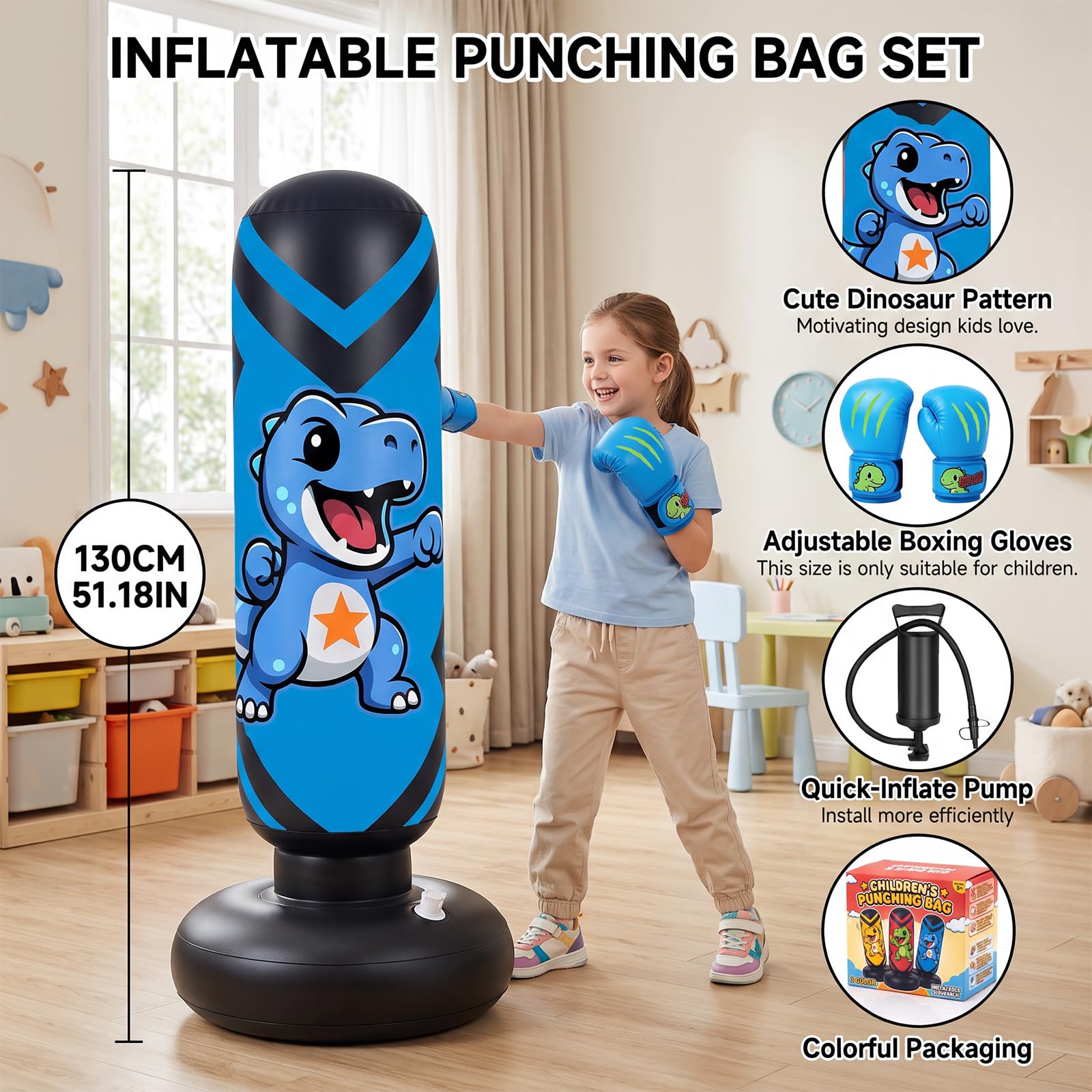 Ninonly 130cm Sacco da Boxe per Bambini Gonfiabile con Guanti e Pompa | Sacco Boxe da Terra per Bambini 3-8 Anni, PVC Resistente Punchball per Karate Taekwondo, Design Dinosauro Allenamento a Casa