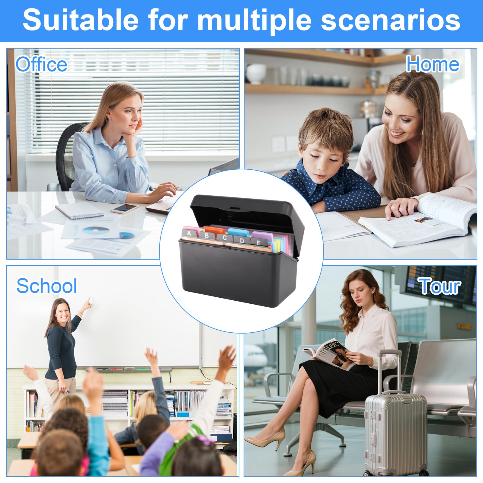 Scatola per Flashcards Nera con 400 Cartoncini Colorati A6, Schede Forate a Righe, 6 Anelli Metallici e Schede Indice A-E, Ideale per Appunti per Ufficio, Scuola, Casa Studio Appunti