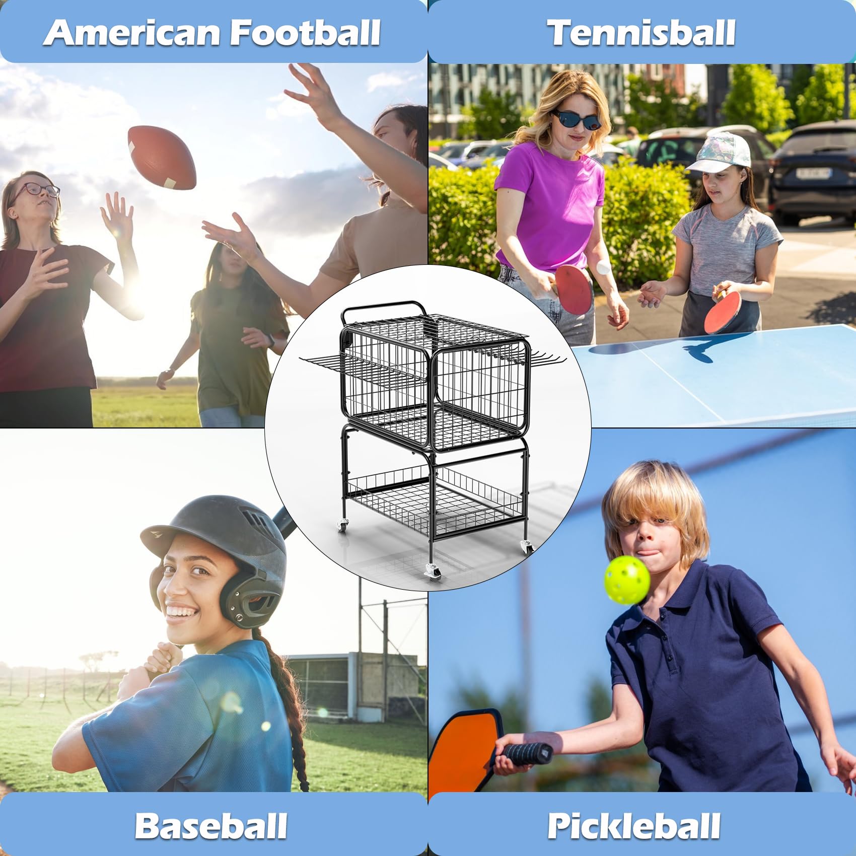 Mobiler Tennis Trainingswagen mit 2 Gitterkörben, bis 350 Tennisbälle, mit feststellbaren 360° Rollen & Schlägerhaltern für Tennis Pickleball, geeignet für Sportplatz und Garage