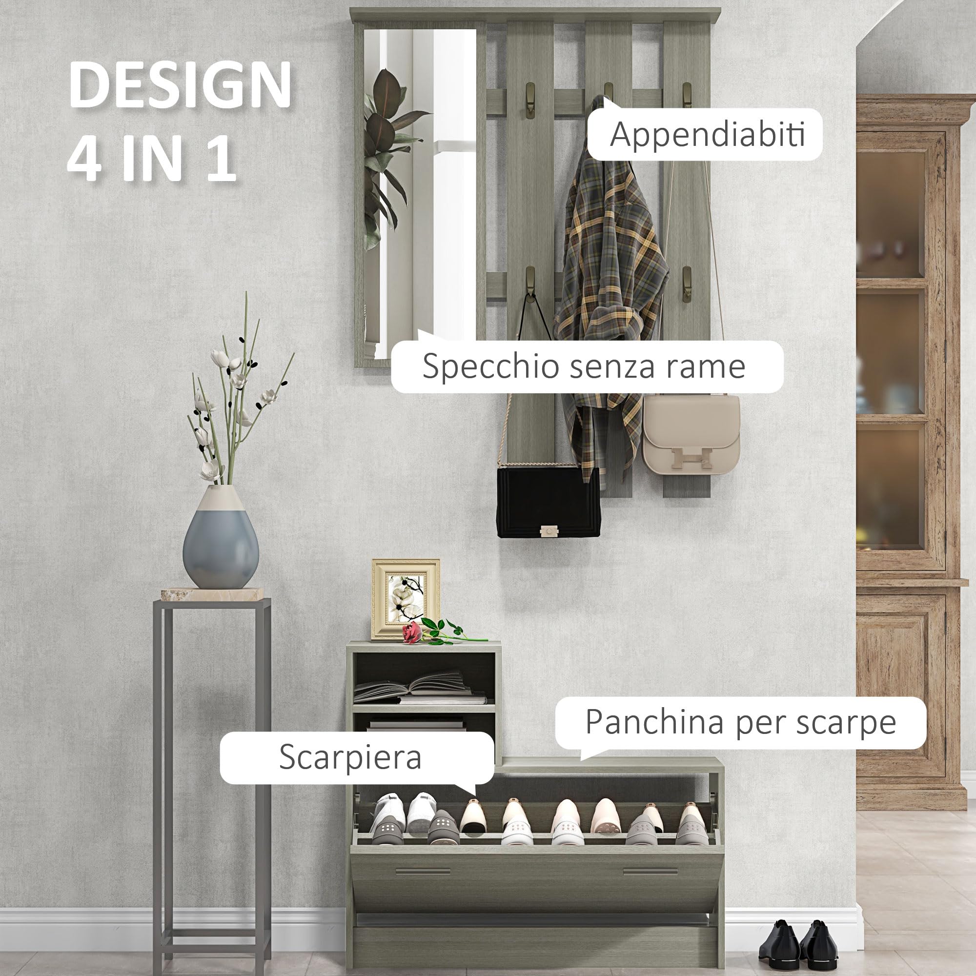 HOMCOM Set 4 in 1 Mobili da Ingresso con Appendiabiti, Specchio, Panca con Scaffale e Scarpiera per 8 Paia di Scarpe, Grigio