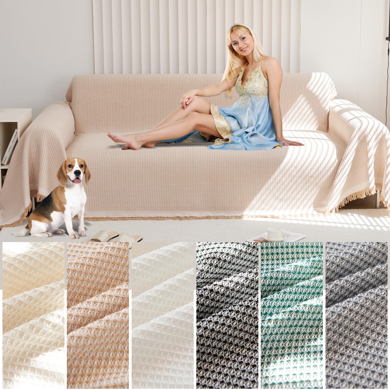 Funda Sofa,Funda Sofá Gofre Color Sólido, Cubre Sofa Chaise Longue, Funda de sofá Lavable para Todas Las Estaciones 180 * 300cm-Caqui