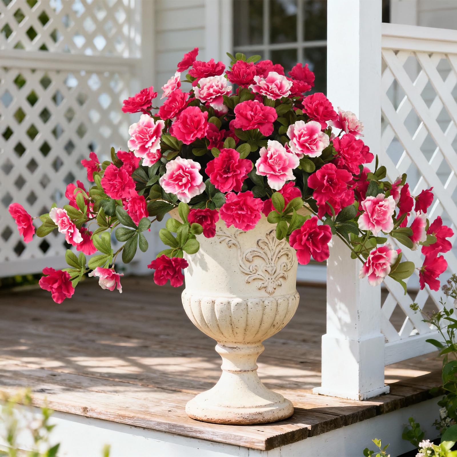 Homsunny Artificial Fake Flowers for Outdoor,2 PCSLifelike Artificial Flowers for Outdoor UV Resistant SilkFlower for Front Door Porch Planters Patio Yard Garden (Red White)