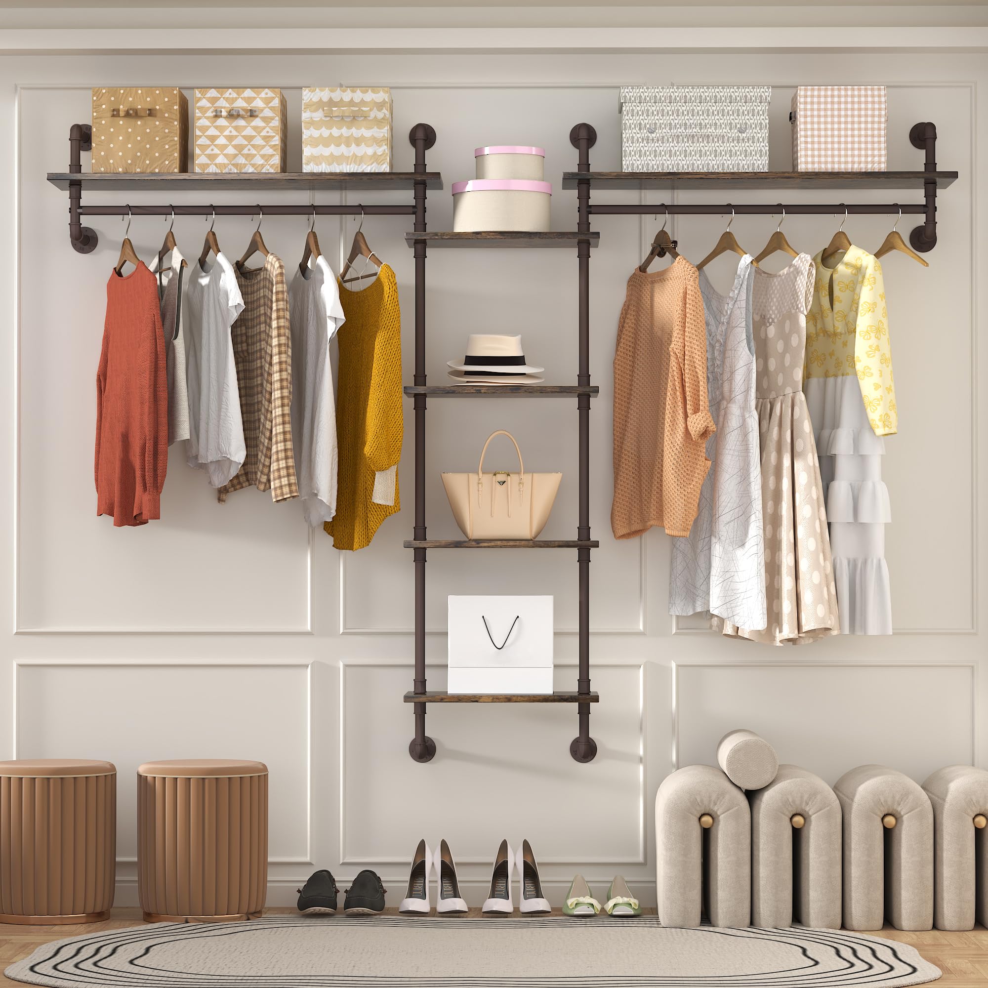 Helsin 5-Tiers 74inch Large Rustic Industrial Pipe Floating Shelving Wall Mounted Heavy Duty Clothes Rack with Double Hanging