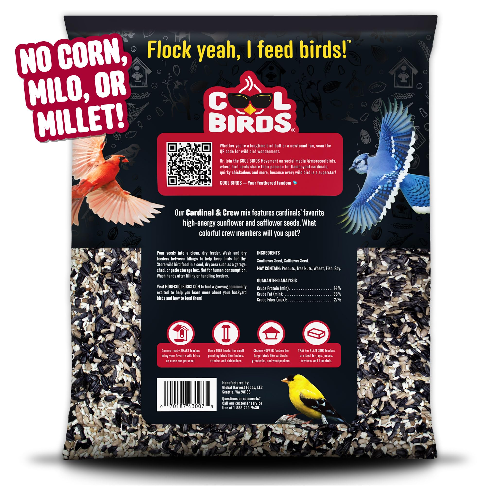 Cool Birds Cardinal & Crew - Semi di uccelli selvatici – 4,5 kg di olio nero di girasole, cuori di girasole e miscela di cartamo per cardinali, grosbeaks e pulcini – Mangime per uccelli da esterno
