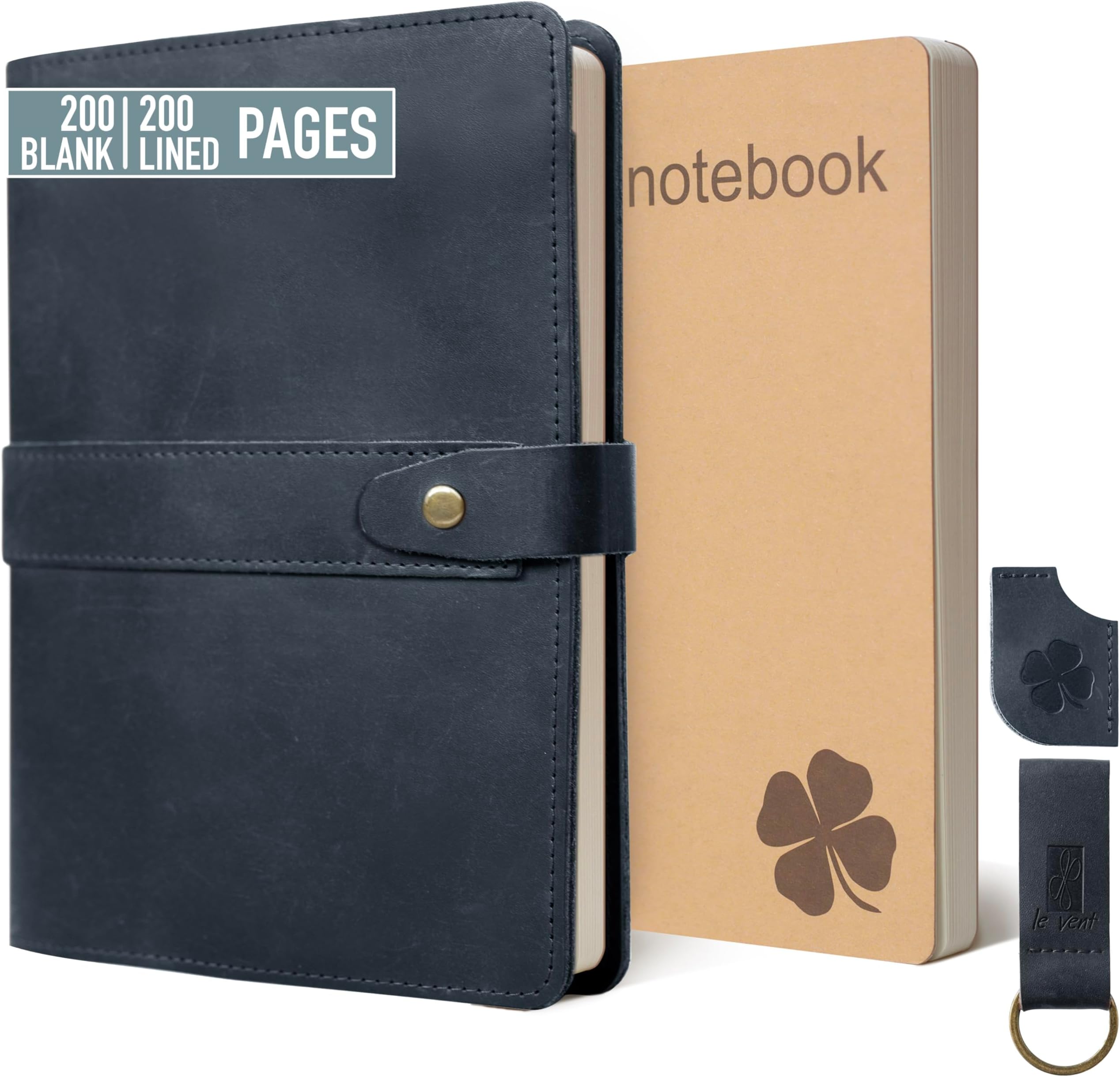le vent Refillable A5 Genuine Leather Journal Notebook Cover with 2 Inserts, 200+200 Pages Lined + Blank, 5x8 Notebook for Work, Drawing, Sketchbook, Vintage Journal For Men and Women, Black