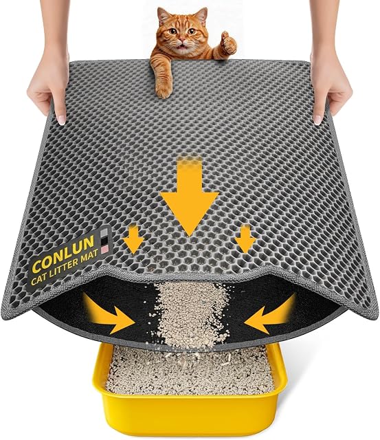 Conlun Cat Litter Mat Trapper, 58x42cm Honeycomb Double Layer Tapis Litiere Chat, Urine & Waterproof Litter Box Mat, Easy to Clean Non-Slip Kitty Matt for Floor, Grey