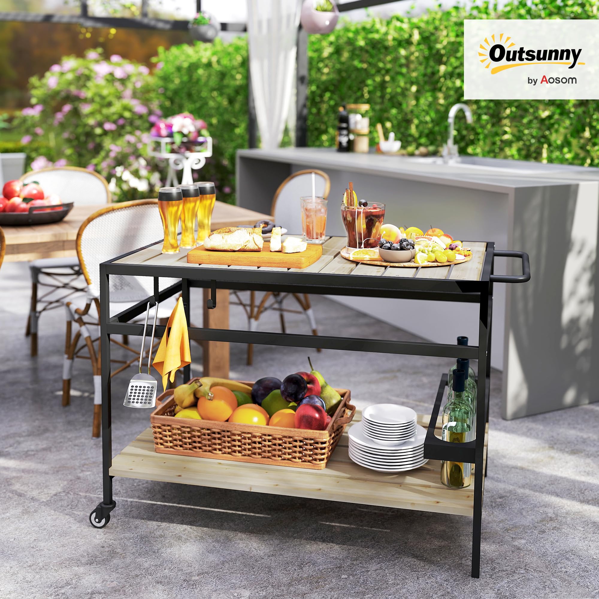 Outsunny Carrello Portavivande da Giardino in Legno di Abete con Ruote, Carrello di Servizio con 2 Ripiani a Doghe, 3 Ganci e Maniglia, 107x65x80 cm Color Legno