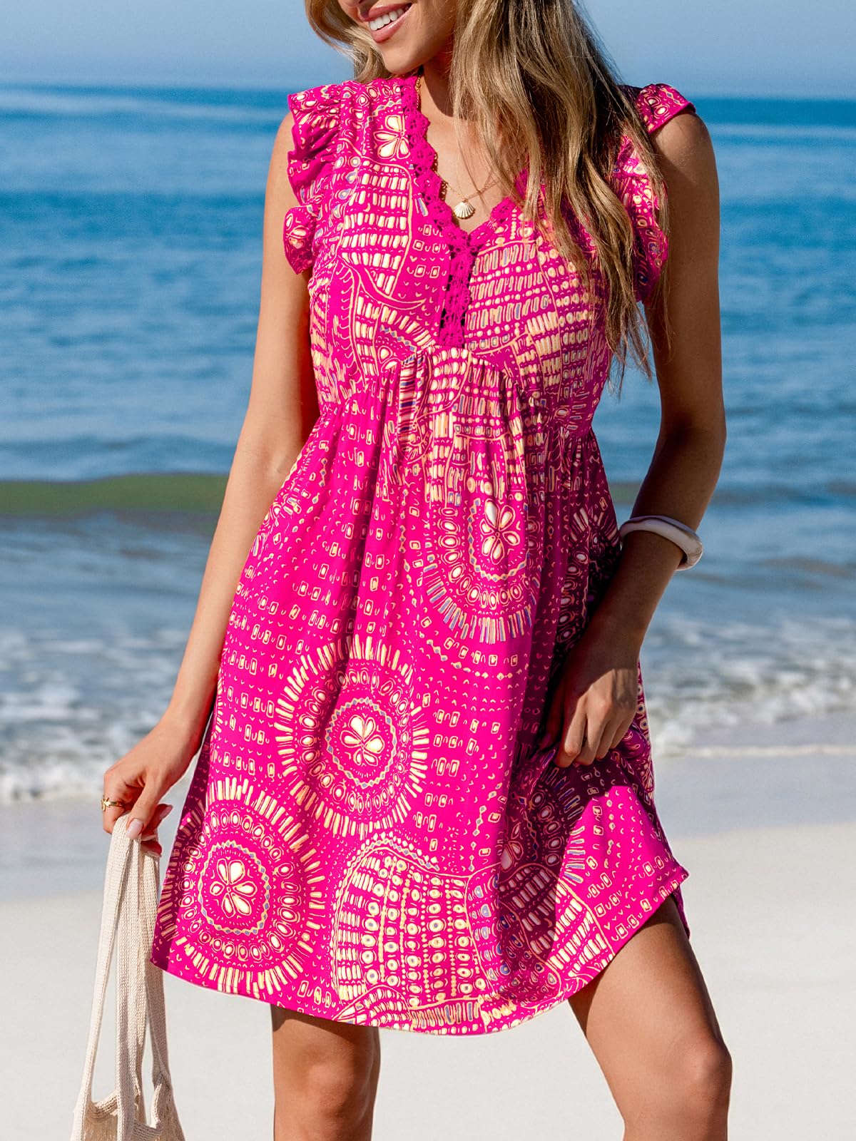 CUPSHE Strandkleid, V-Ausschnitt, Kappe, Flatterärmel, Spitze, ausgehöhlt, plissiert, Sommer-Mini-Kleid
