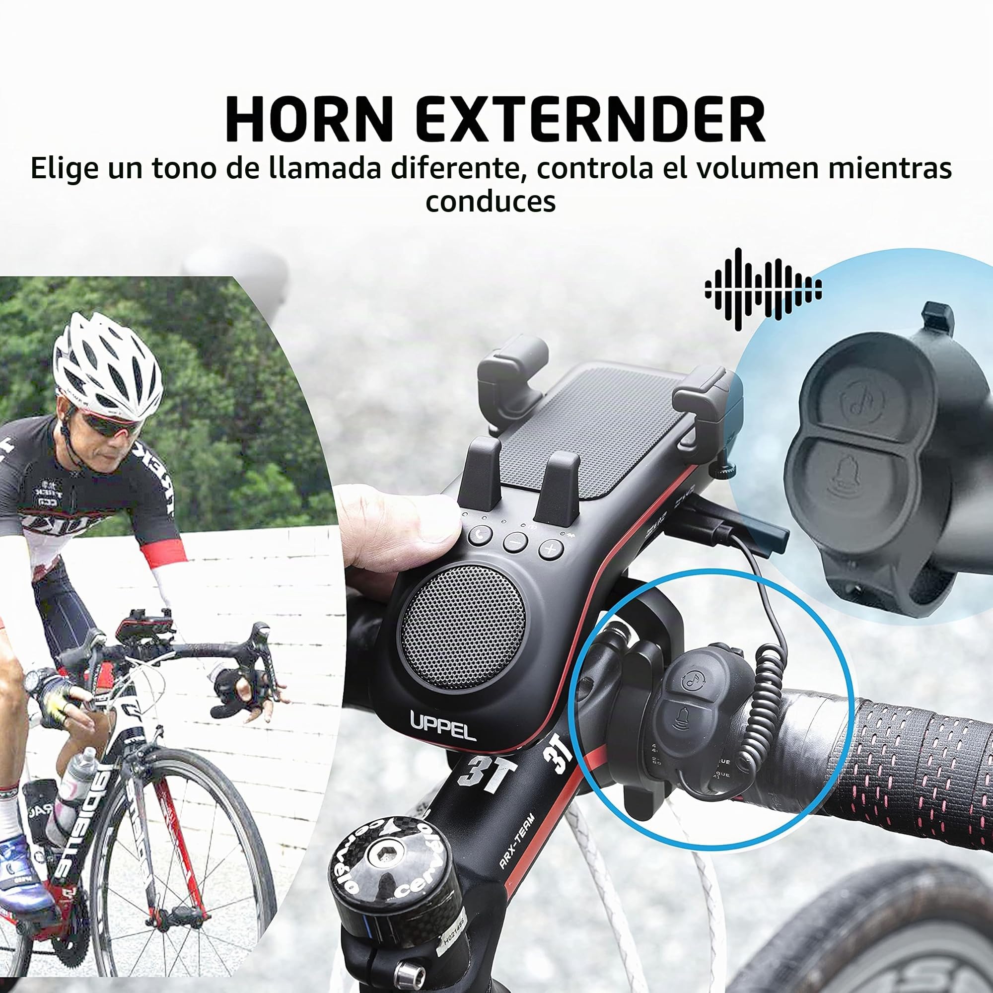 UPPEL Altavoz Bluetooth Bicicleta Portatil Bluetooth 5.1 + Altavoz + 5000mAh Banco de Energía + Luz para Bici +Timbre de Bici + Soporte Móvil Bici Llamadas sin Manos Tarjeta TF IP54 10 en 1 Diseño