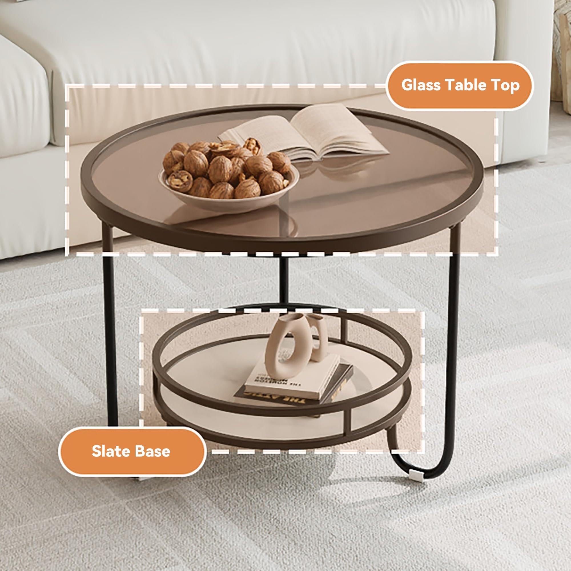 Couchtisch Glas Rund 2 Etagen, Wohnzimmertisch Glasplatte 80cm