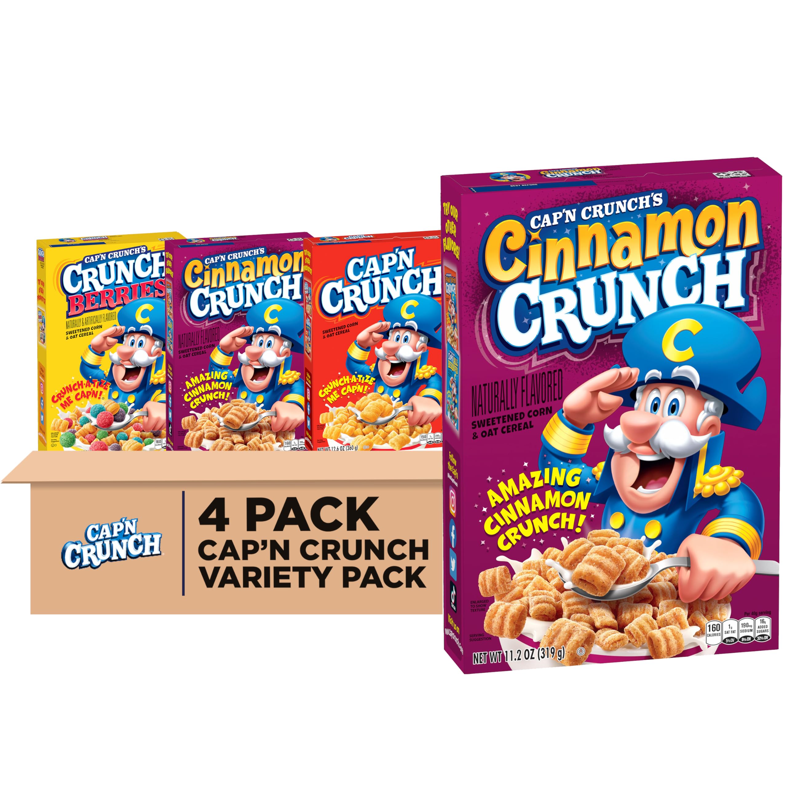 Cap'n Crunch Cereal, Cinnamon, Original & Crunch Berries Variety Pack (4 Pack)