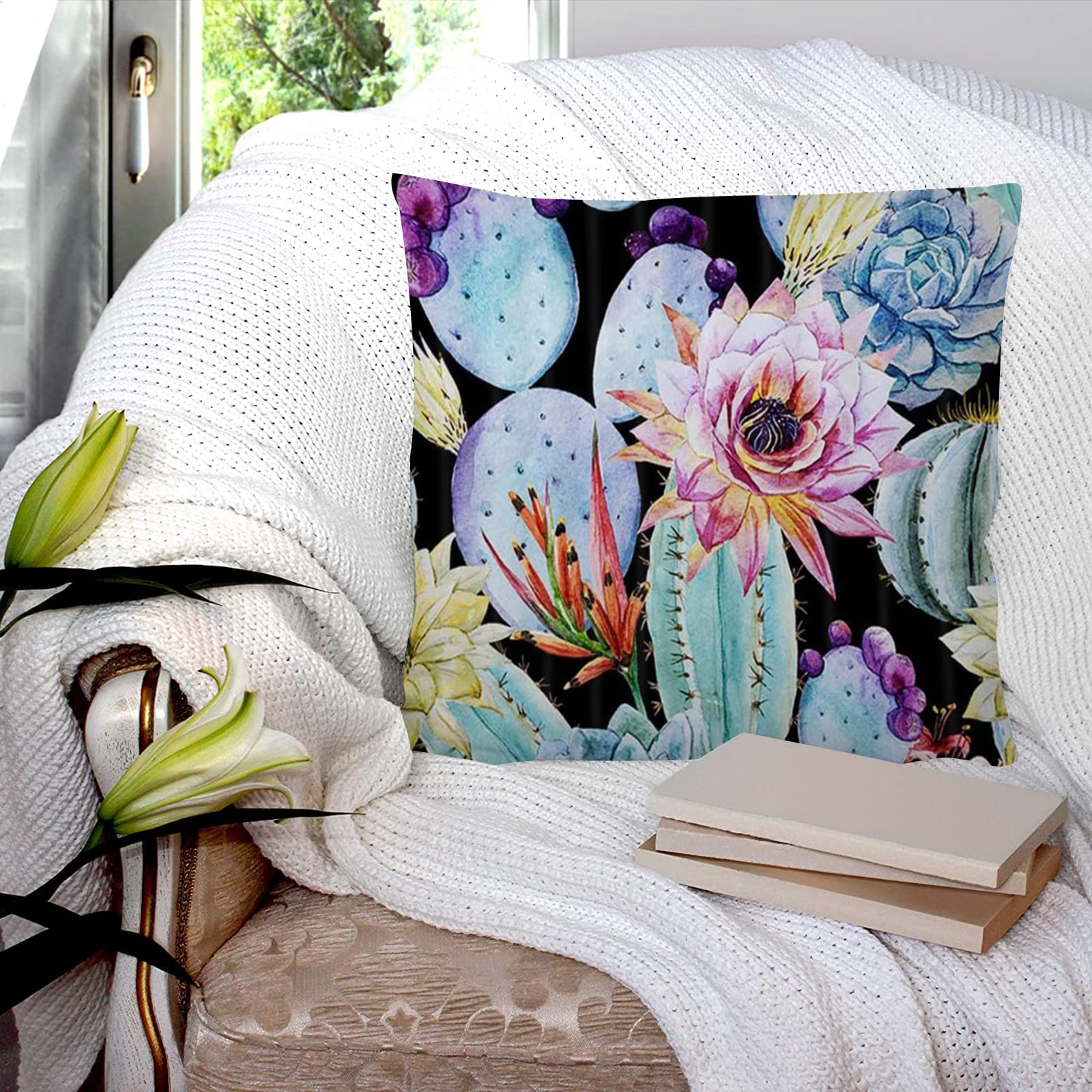 YTYVAGT Federa per cuscino da divano, motivo cactus acquerello, 50 x 50 cm, 1 pezzo
