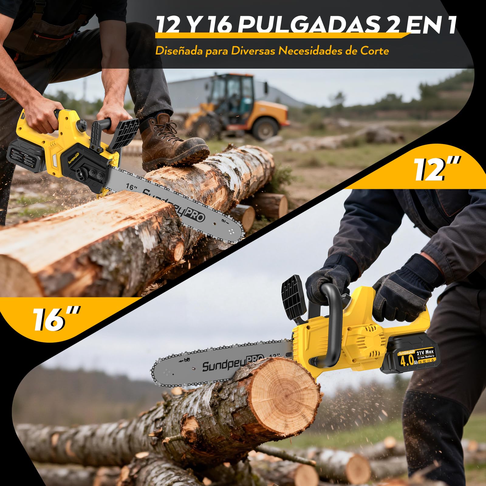 21V 12+16 Pulgadas Motosierra Inalámbrica a Batería | Motor Sin Escobillas y 2 x 4.0Ah Baterías, Lubricación Automática, Tensado Sin Herramientas, para Podar Árboles Jardin Leña