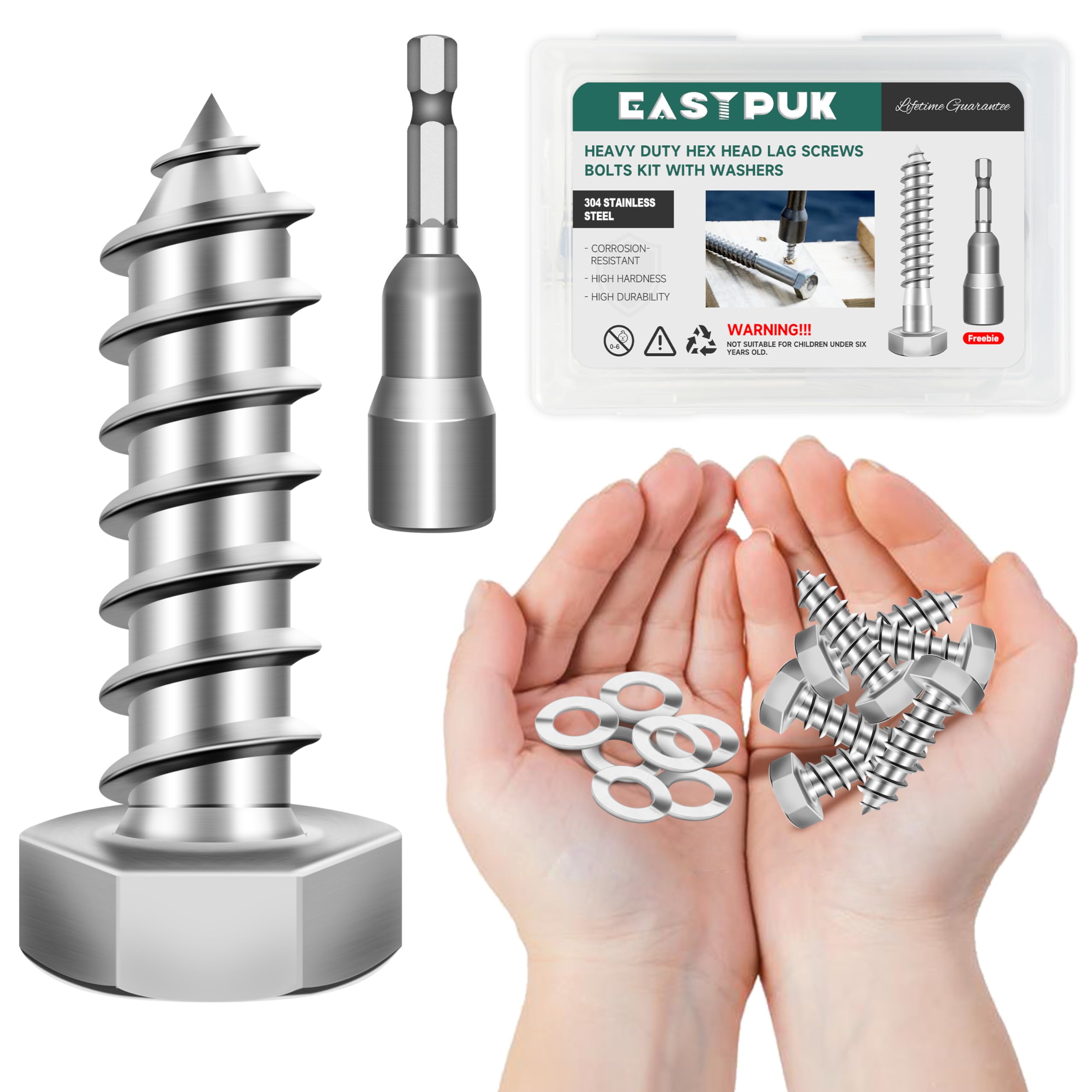 Stainless Steel Lag Screws - 8 Pack, 3/8" x 4" -9