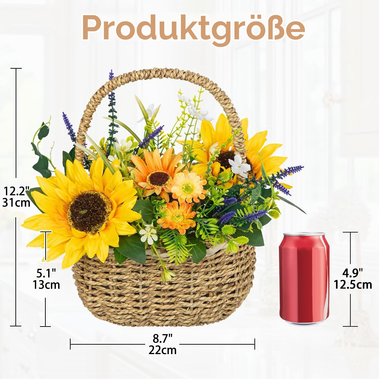 Oairse Künstliche Sonnenblumen im Korb mit Henkel Kunstblumen Arrangement Kunstblumen im Topf Künstliche Blumen wie echte Deko für Tisch, Fensterbank, Küche & Wohnzimmer, Hochzeit, Blumenarrangement