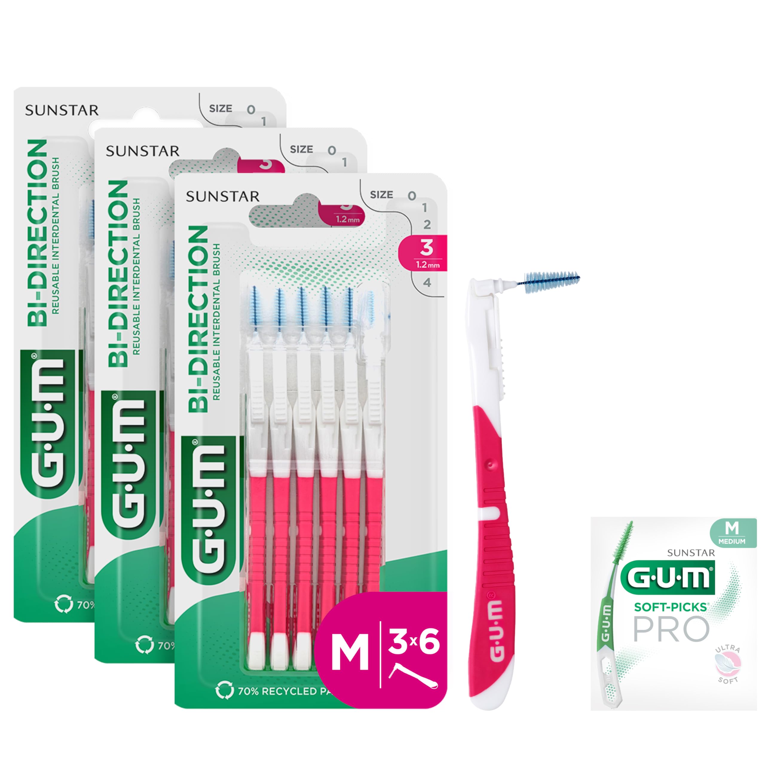 GUM BI-DIRECTION Brossettes interdentaires orientables en 2 positions | Positionnement à 90° | Nettoyage des dents et élimination de la plaque dentaire | 1.2mm, ISO 3 | Taille M | Lot 3x6 + 1 bonus