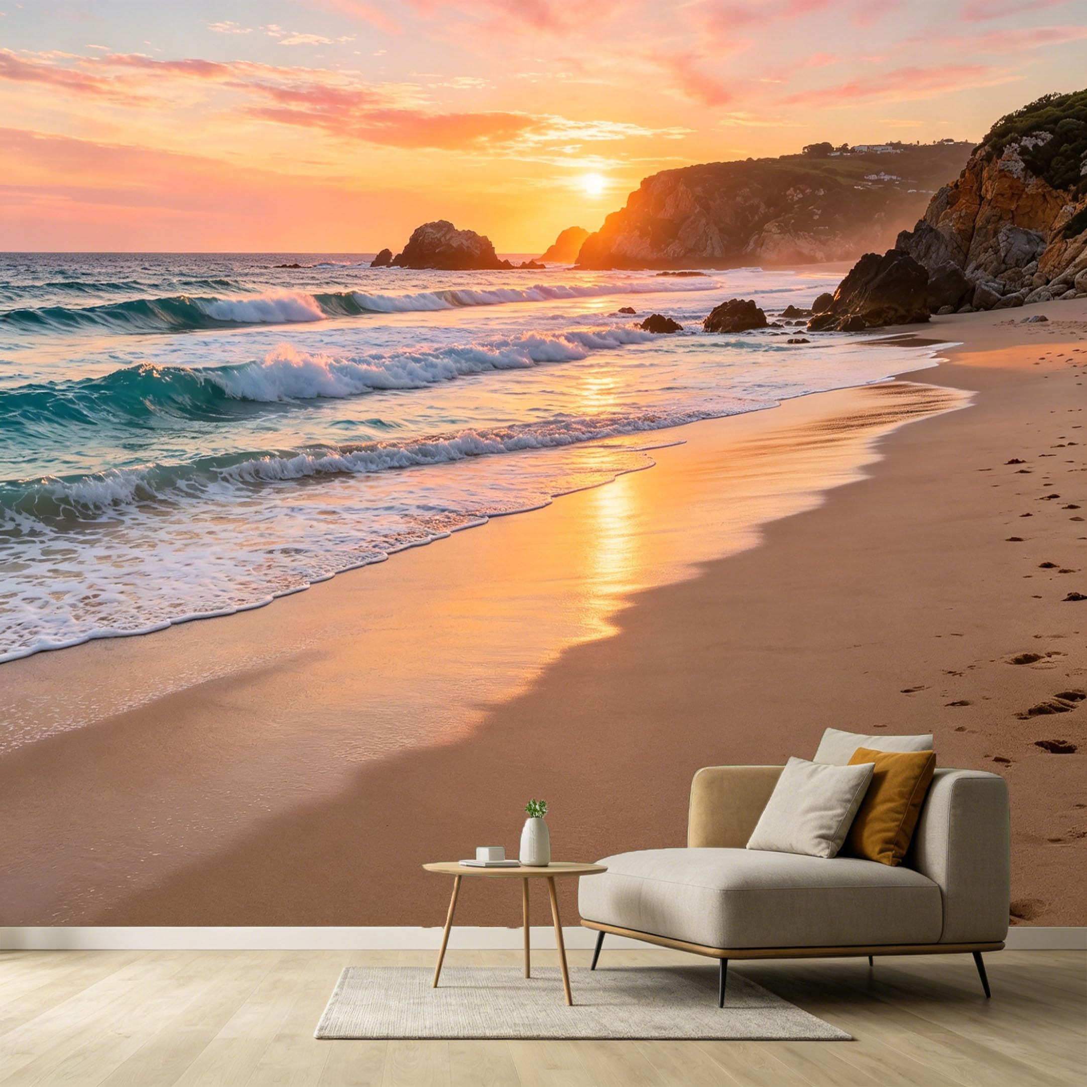 Custom Size Wall Murals Coastal Ocean Marine Sunset Beach Waves Cliffs SelfAdhesive Wall Fabric Removable Large Wallpaper for Photo Living Room Interior Decor Wall Art