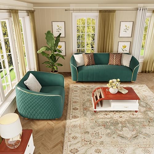 Miniatura 16 de Juego de sofá de terciopelo de 2 piezas para sala de estar, sofá moderno de 3 plazas de 85 pulgadas con patas doradas y 8 almohadas, sofá tapizado 2