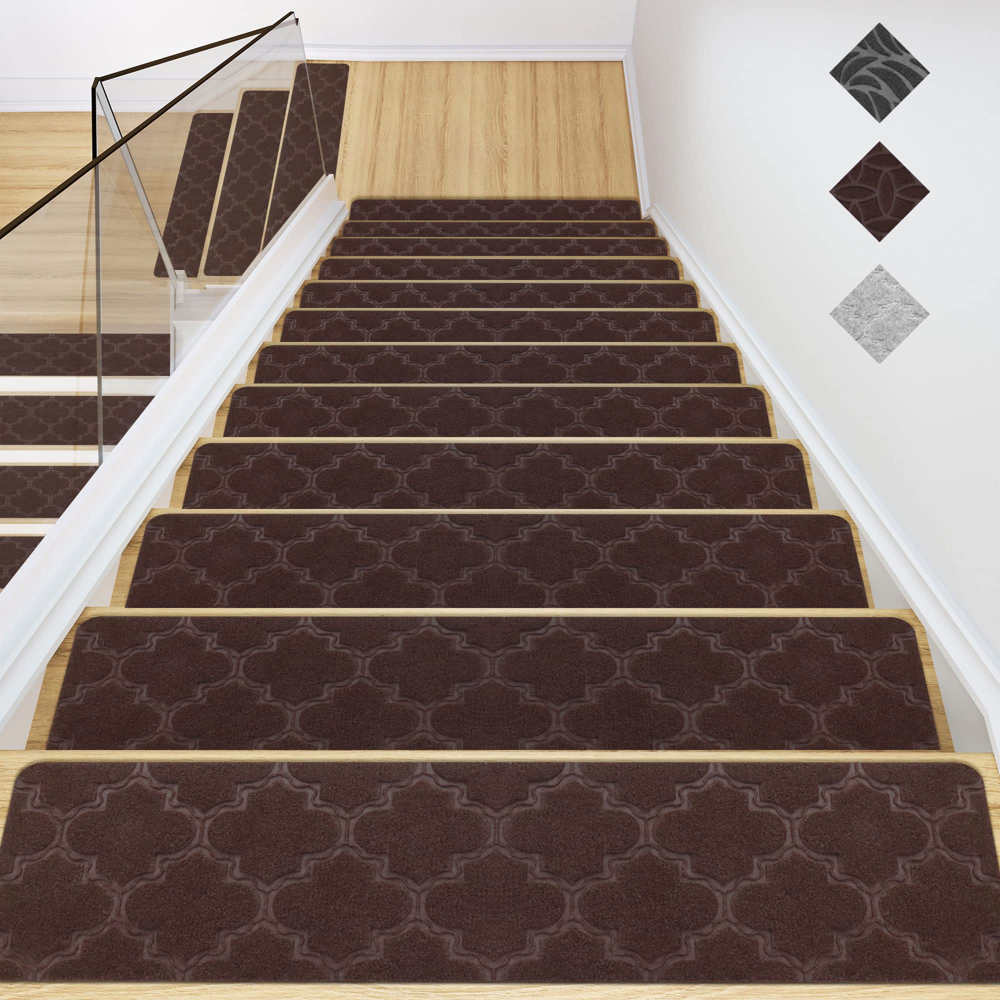 Non Slip Stair Treads Indoor for Wood with Adhesive Backing Set of 15, Anti Moving Step Covers for Stair Wood Stairs Runner Covers Mats Staircase Step Carpet for Elderly Pet Dog Brown, 8inX30in