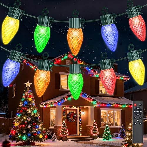 btfarm Luces de Navidad C9 que cambian de color para exteriores, 83.6 pies, 50 luces LED de fresa con control remoto, enchufable, impermeable,